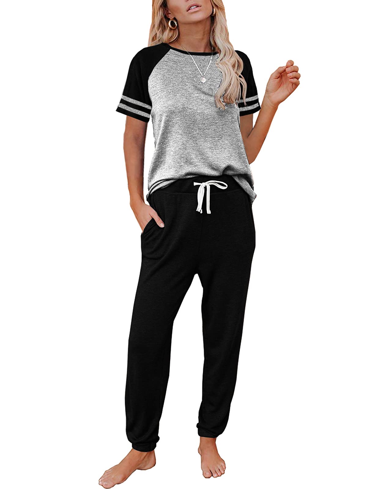 Women's 2-Piece Lounge Set - Short Sleeve Jogger Outfit for Home & Travel
