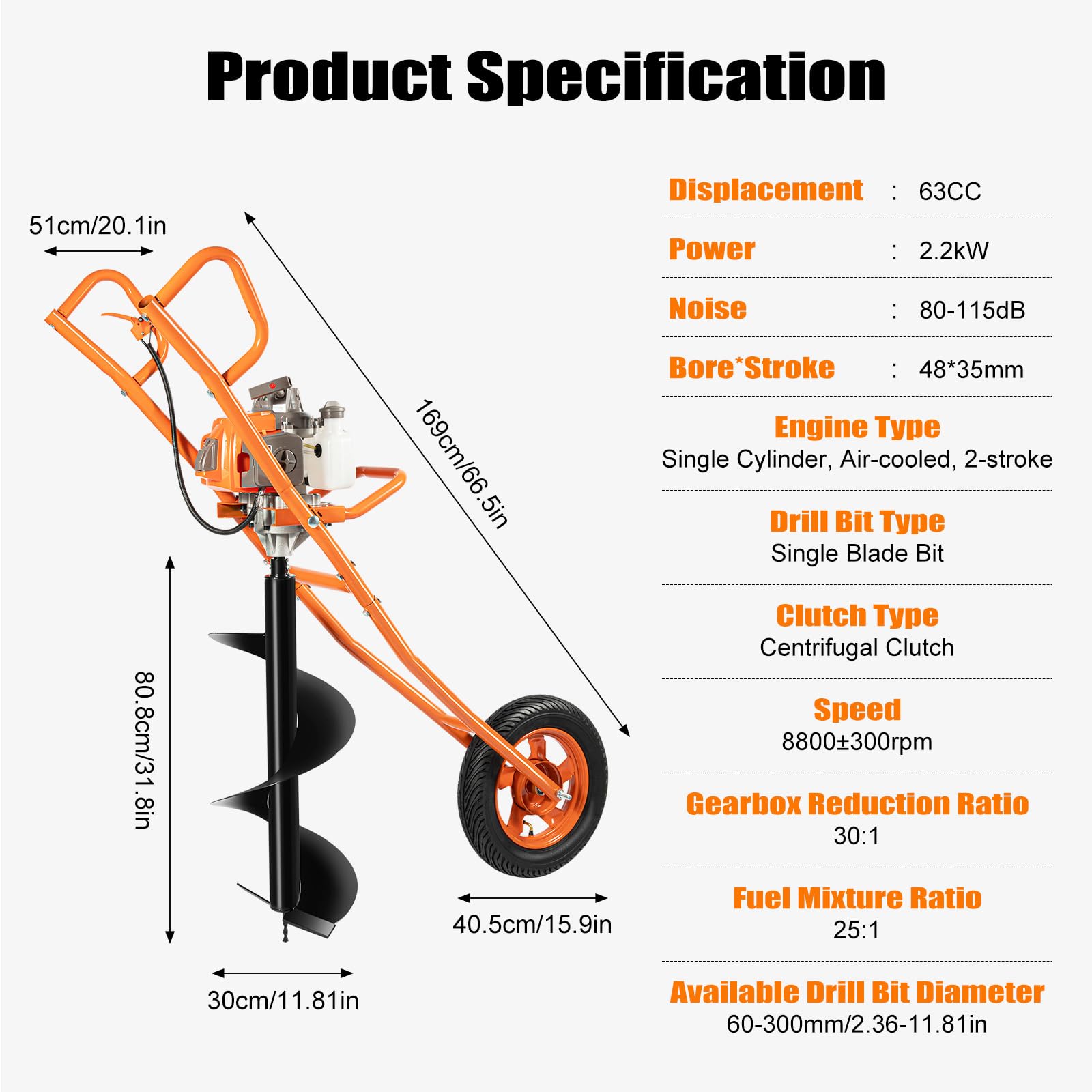 63CC 3HP Gas Powered Post Hole Digger Earth Auger - 11