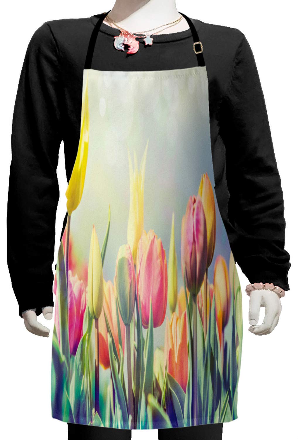 Ambesonne Pastel Apron - Tulip Flower Garden Park Landscape Design for Baking, Painting & Cooking - Adjustable Ties, Small Size, Multicolor - Perfect for Home Kitchen, Art Classes & Outdoor Picnics