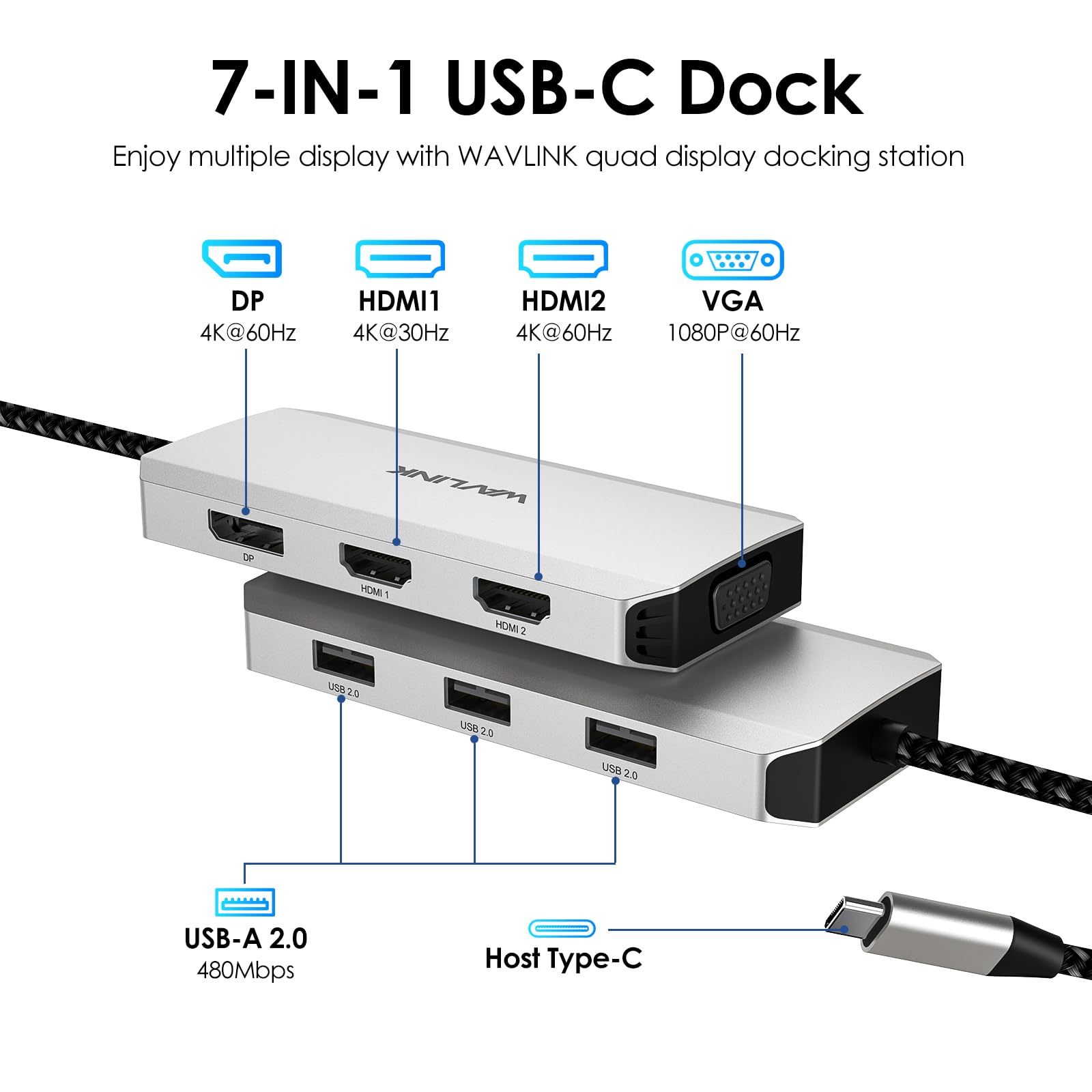 WAVLINK USB C Docking Station for MacBook Dell XPS 13/15, Lenovo Yoga, HP Laptops - Dual HDMI, DisplayPort, VGA, 3 USB 2.0 Ports - Silver | Perfect for Home Office, Remote Work & Multi-Monitor Setup