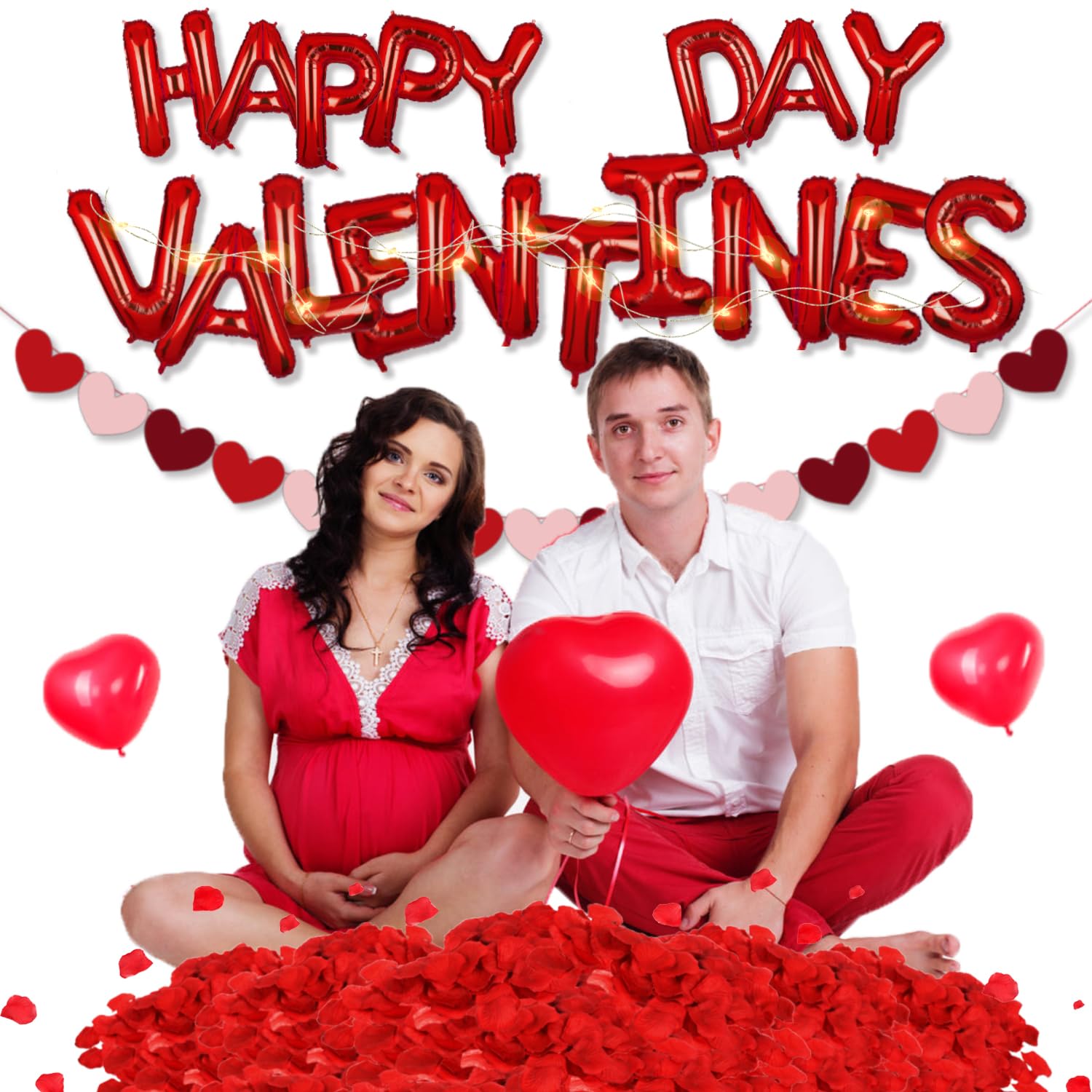 Valentine's Day Balloons & Party Decorations Set - Happy Valentine's Day Balloons, Heart Banner, Rose Petals & String Lights for Wedding & Romantic Celebrations | Perfect for Valentine's Party, Anniversary & Proposal Decor