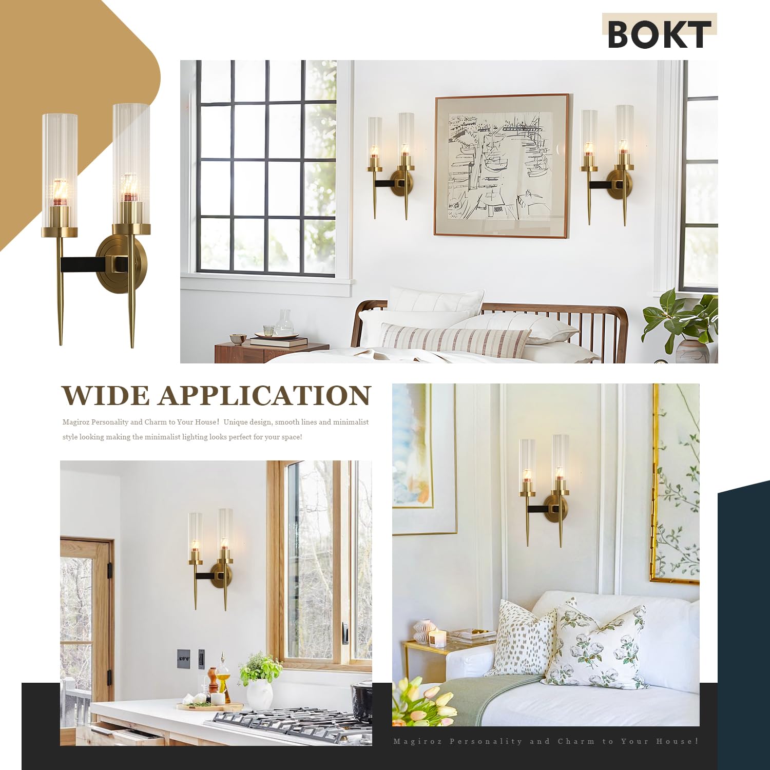 BOKT Mid-Century Modern 2-Light Crystal Wall Sconce - Brushed Brass Gold Finish, Clear Cylinder Glass Shade - Perfect for Bedroom, Hallway & Living Room Lighting