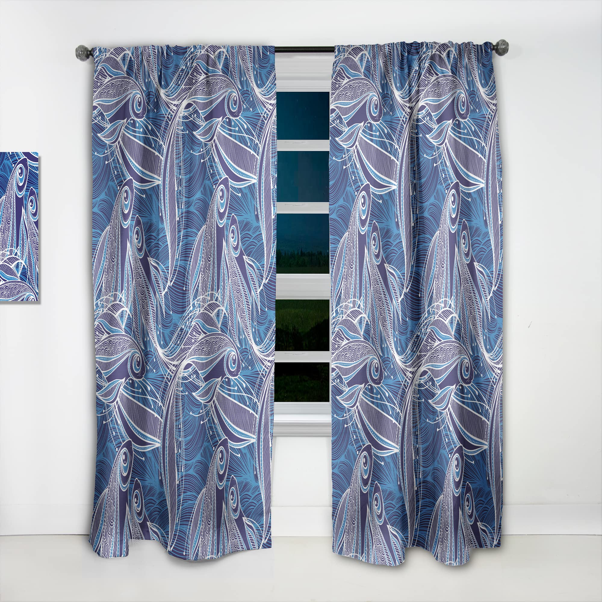 Blue Fish Pattern Thermal Insulated Curtains - Single Panel 52x95 Inches - Blackout Drapes for Bedroom & Living Room - Perfect for Home Decor, Privacy & Temperature Control
