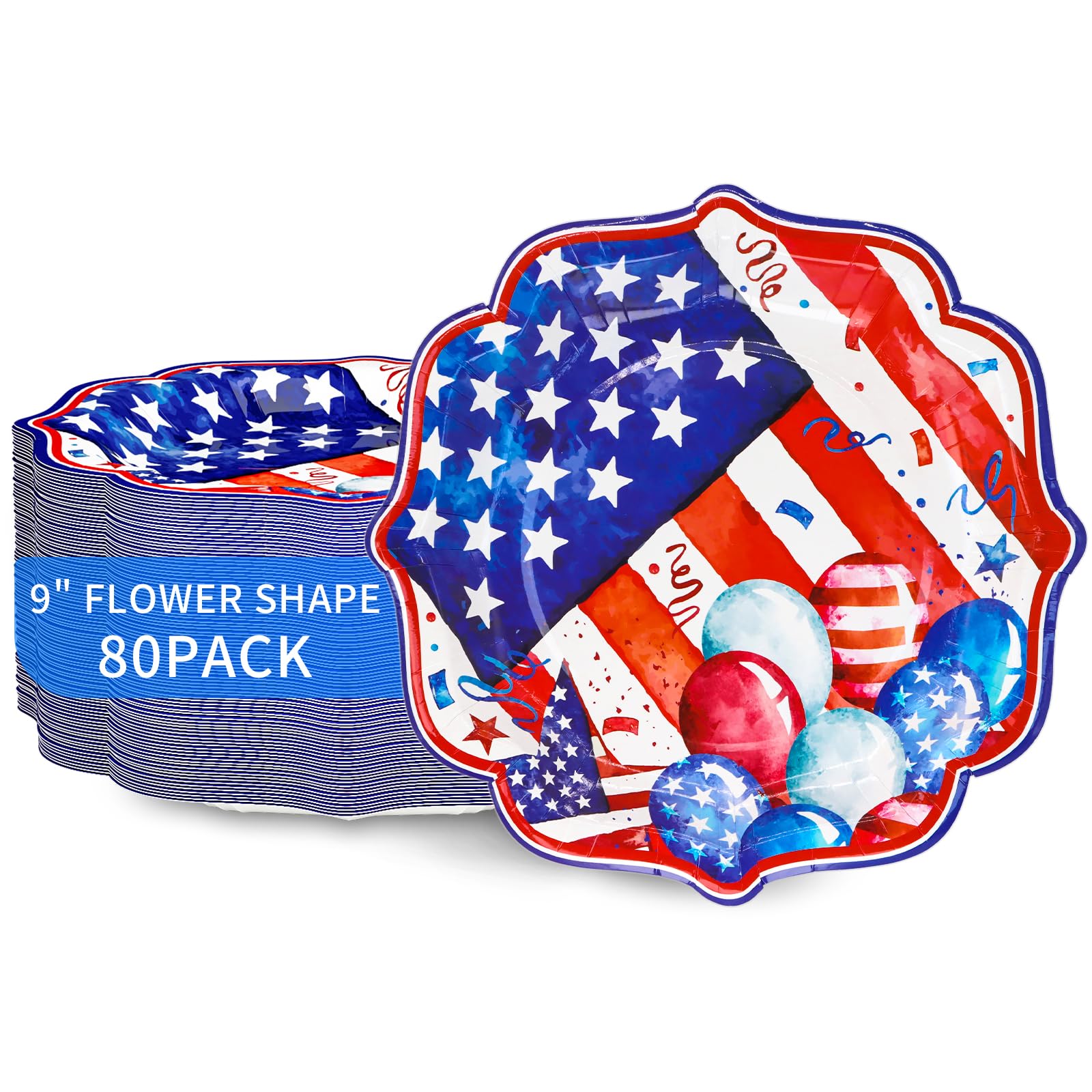 DYLIVeS 4th of July Patriotic Paper Plates - 9 Inch Disposable American Flag Star Plates for Memorial Day, Veterans Day & Independence Day Party Decorations - 80 Pack - Perfect for BBQs, Picnics & Patriotic Celebrations
