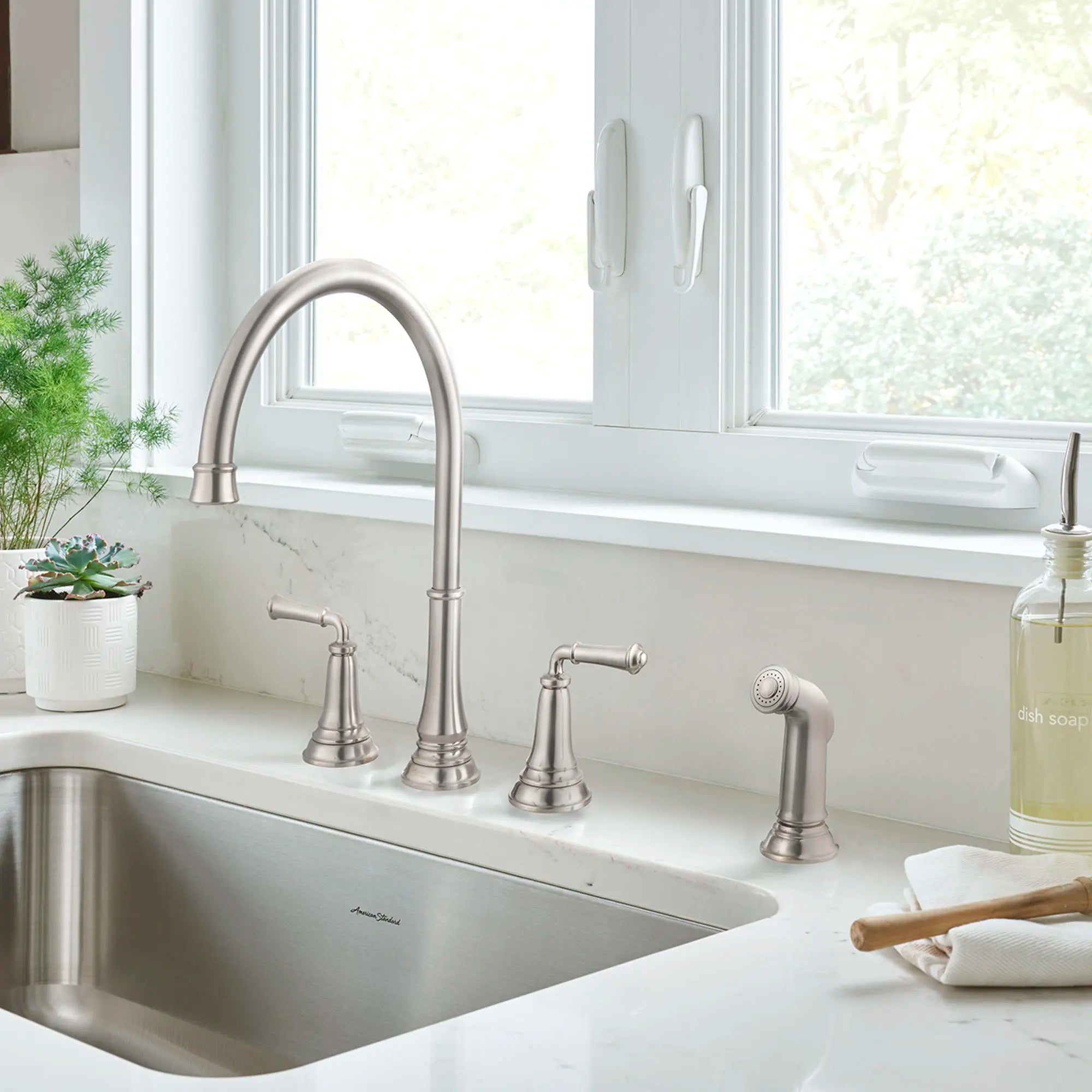Delancey® 2-Handle Widespread Kitchen Faucet with Side Spray - 1.5 GPM/5.7 LPM - Brushed Nickel Finish - Perfect for Modern Kitchens & Easy Dishwashing