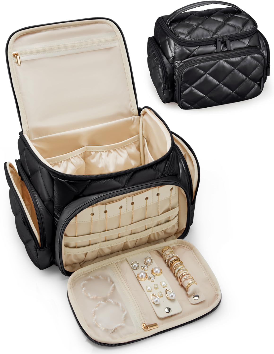 BAGSMART Large Travel Makeup Bag with Jewelry Organizer - Multi-Compartment Cosmetic & Toiletry Bag for Women - Perfect for Travel-Size Toiletries & Accessories (Black) - Ideal for Vacation, Business Trips & Daily Organization
