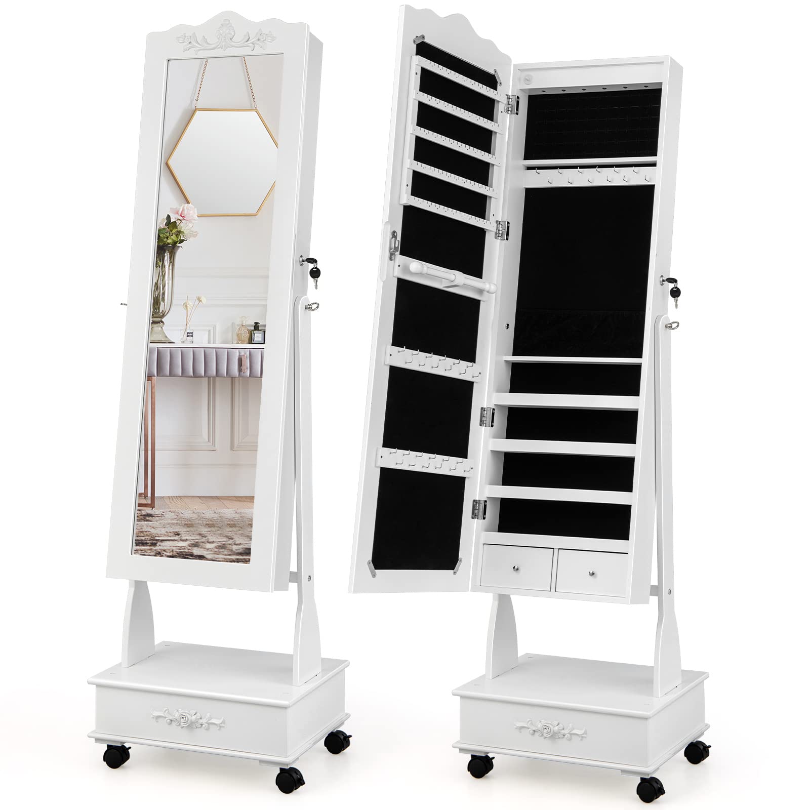 CHARMAID Rolling Jewelry Armoire with Full-Length Mirror - Lockable Standing Jewelry Cabinet with LED Lights & Wheels - 10-Drawer Jewelry Organizer with Storage - White - Perfect for Bedroom, Closet & Dressing Room Organization