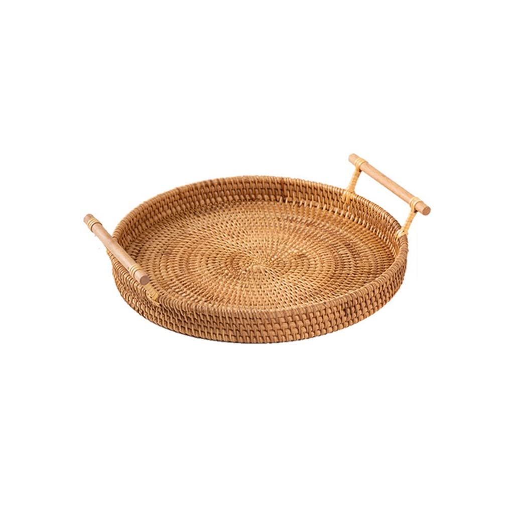 TaLcuS Handwoven Rattan Storage Tray with Wooden Handle - Round Wicker Basket for Bread, Fruit, Cake & Serving - Natural Dinner Platter & Food Display Tray (Large Size) - Perfect for Kitchen, Dining Table, Picnic & Home Decor