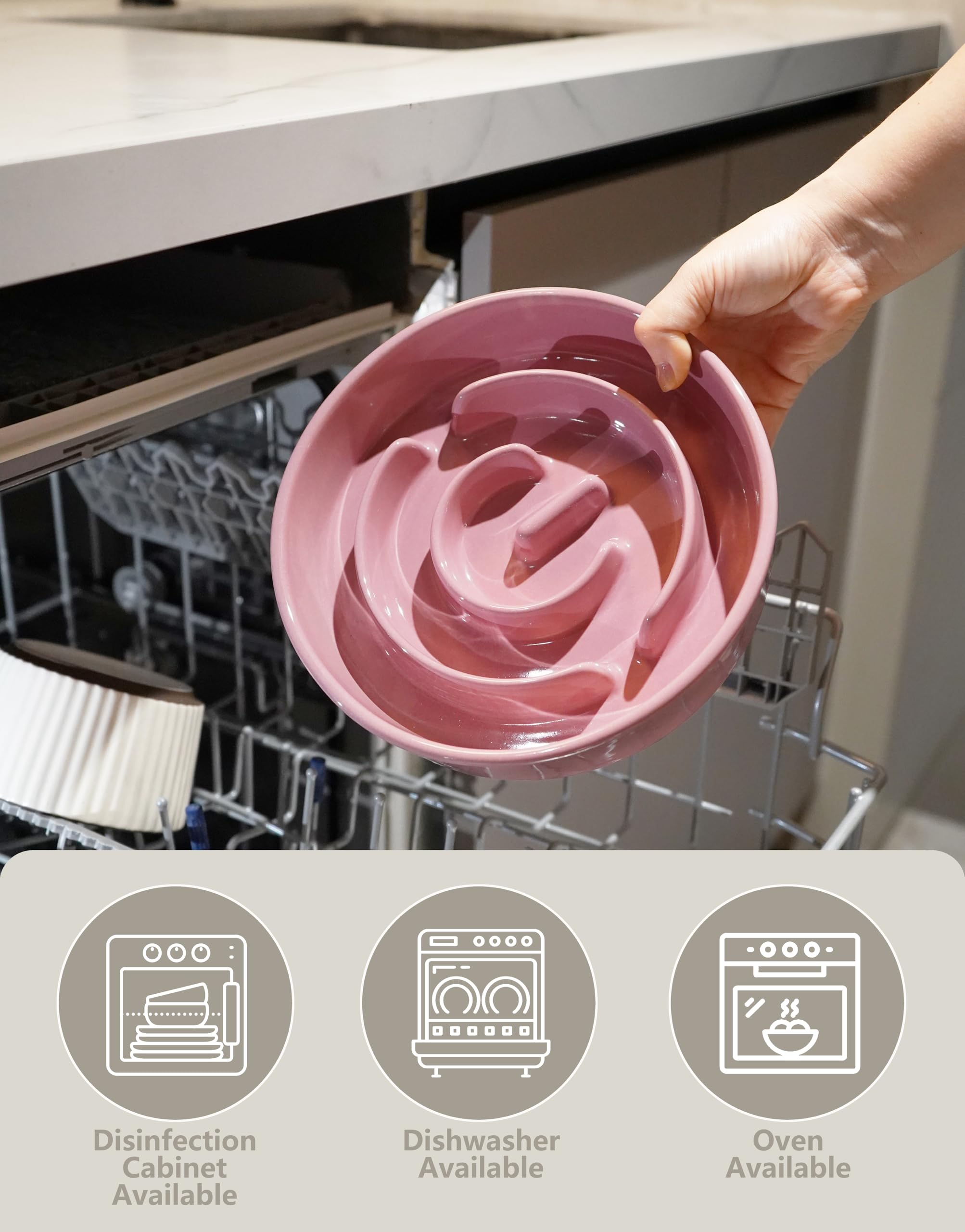 Ceramic Slow Feeder Dog Bowl - 30oz Puzzle Maze Bowl for Medium & Large Dogs - Helps Prevent Bloat & Improve Digestion - Perfect for Fast Eaters & Mealtime Enrichment - 8 Inch Pink Pet Feeding Dish for Home or Travel Use