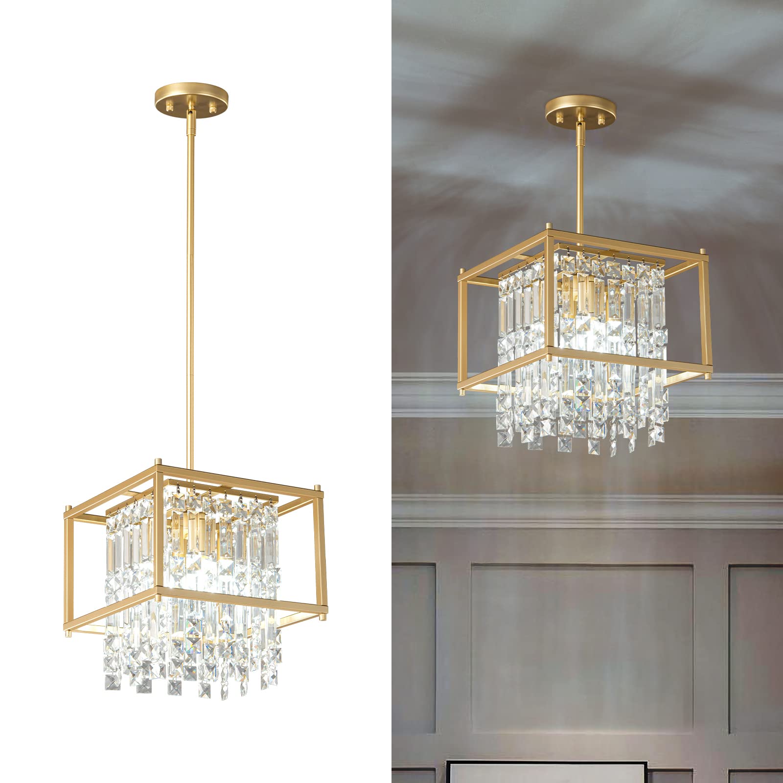 LMQNINE 4-Light Square Industrial Farmhouse Chandelier - 11.81 Inch Gold Metal Crystal Pendant Light Fixture for Dining Room, Kitchen Island, Living Room - Perfect for Flat & Inclined Ceilings | Modern Farmhouse Decor & Rustic Home Lighting