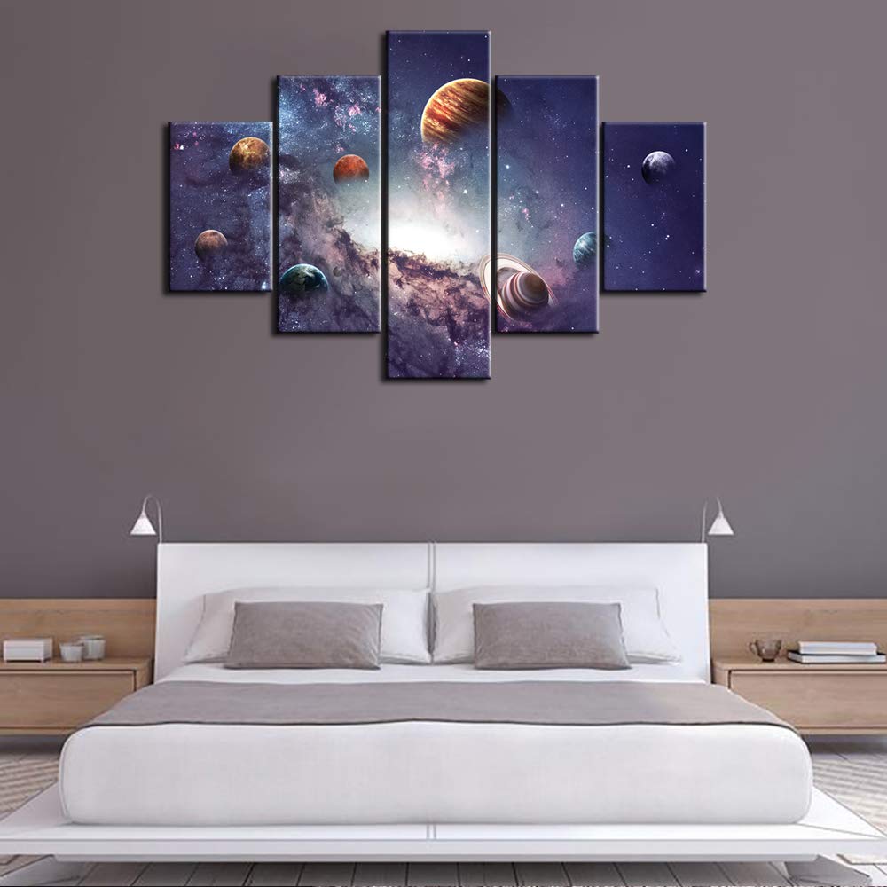 Large Modern Giclee Canvas Wall Art - 5 Panel Universe Galaxy Planets Space Painting | Stellar Nebula Home & Office Decor | Ready to Hang 60x40 Inches | Perfect for Living Room, Bedroom or Workspace