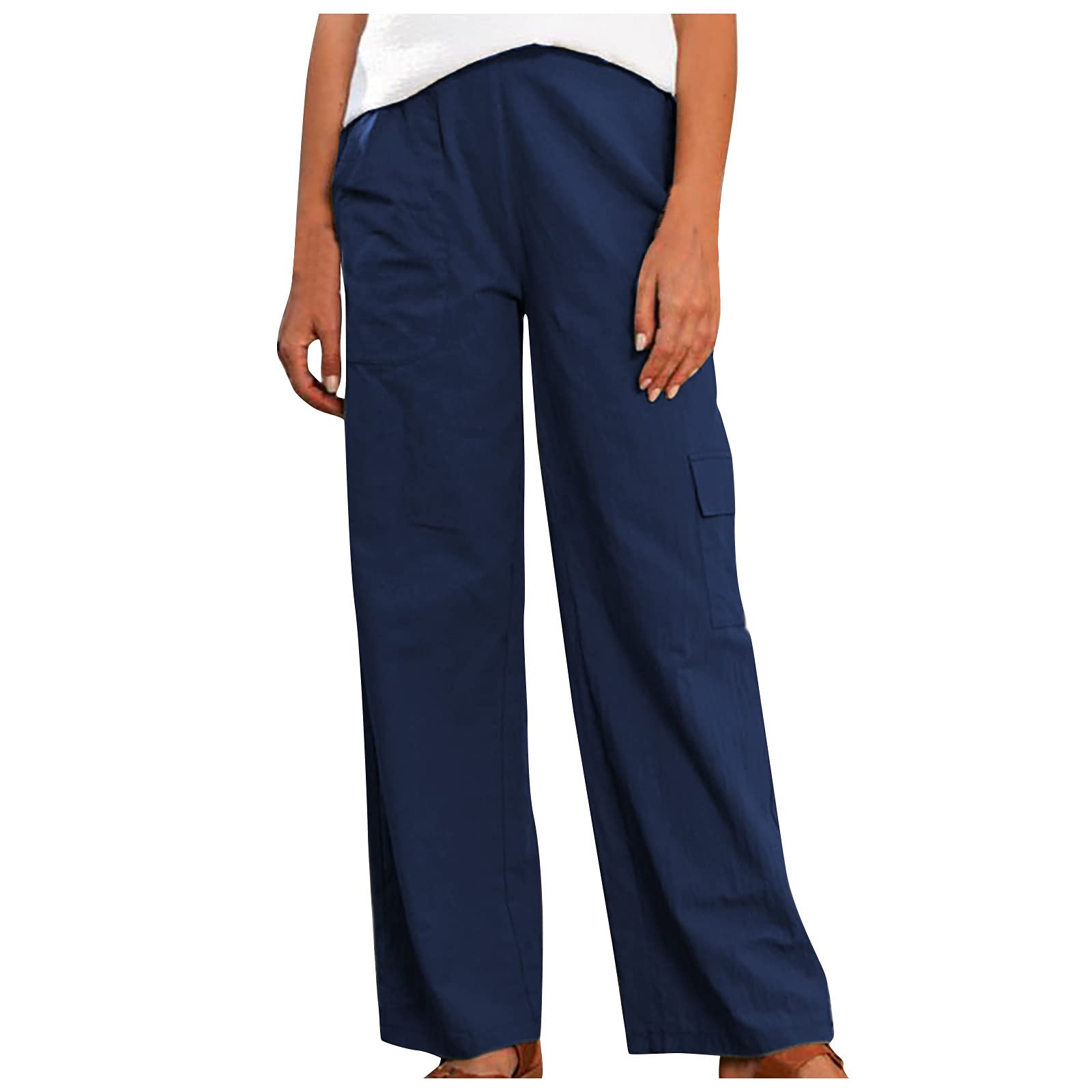 Women's Business Casual Pants - Solid Color Linen Trousers with Multiple Pockets | Loose Fit Long Pants for Office & Travel | Comfortable Workwear & Everyday Wear