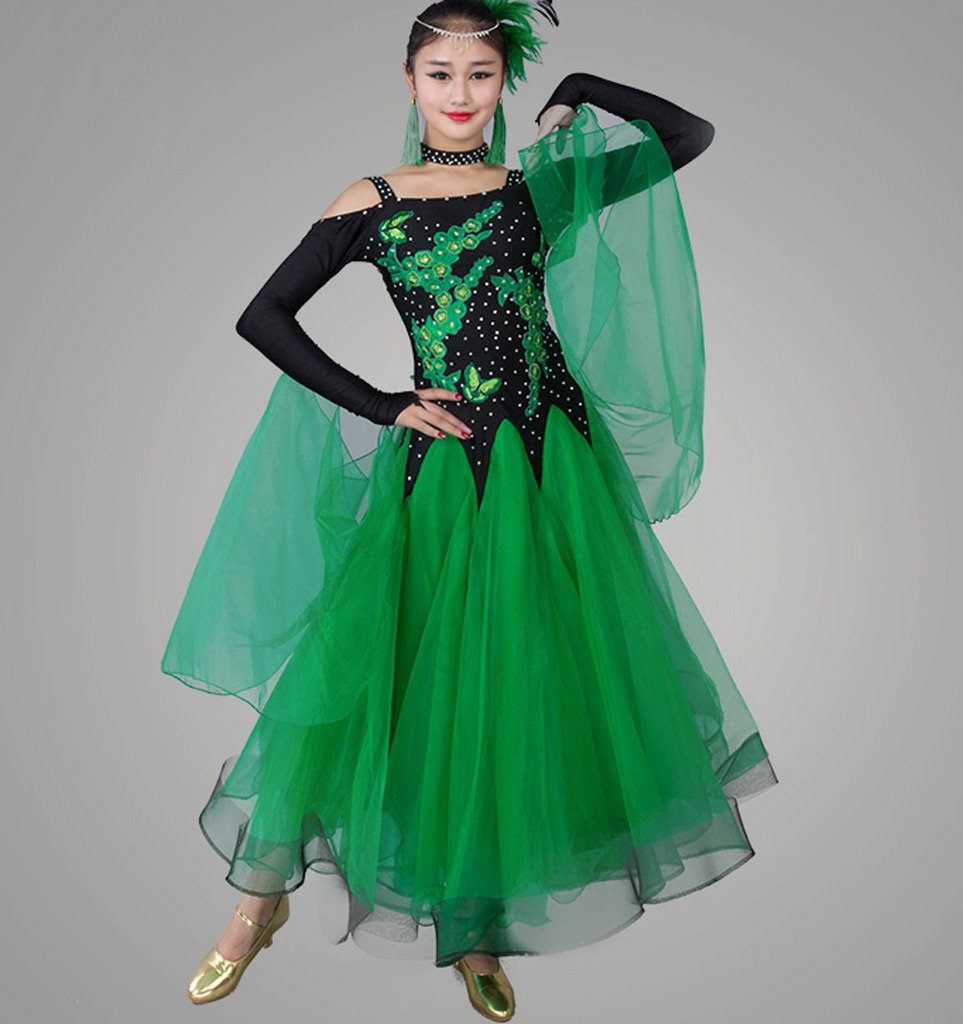 Elegant Women's Modern Waltz Tango Smooth Ballroom Dance Dress - Standard Competition Dress in Green (Size L) | Perfect for Ballroom Dancing, Latin Dance, Performances & Social Events