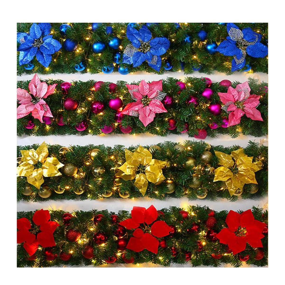 Braiton 9FT Artificial Christmas Garland with LED Lights - 4PCS Faux Vine Holiday Wreaths for Front Door, Wall & Outdoor Xmas Decorations - Perfect for Indoor/Outdoor Holiday Party & Home Decor