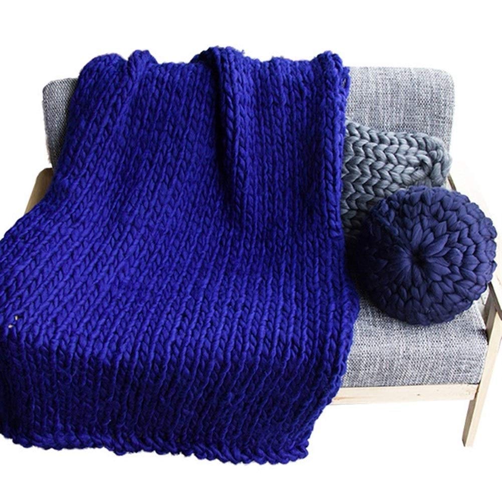 Cozy Hand Knitted Chunky Weighted Blanket - 100% Wool Thick Yarn Knit Throw for Winter - 100x100cm Sapphire Blue - Perfect for Sofa, Bed & Home Decor