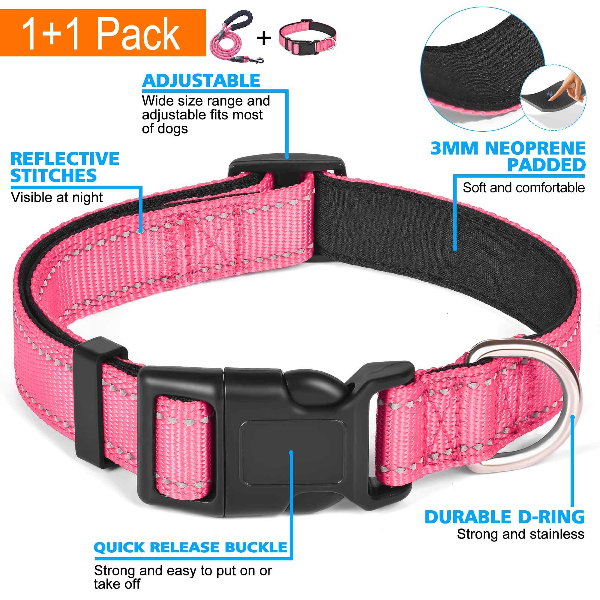 Reflective Dog Collar with Soft Neoprene Padding - Breathable Adjustable Nylon Pet Collar for Small, Medium & Large Dogs - Pink Collar & Leash Set (Small, Pack of 1) - Perfect for Night Walks, Jogging & Outdoor Adventures