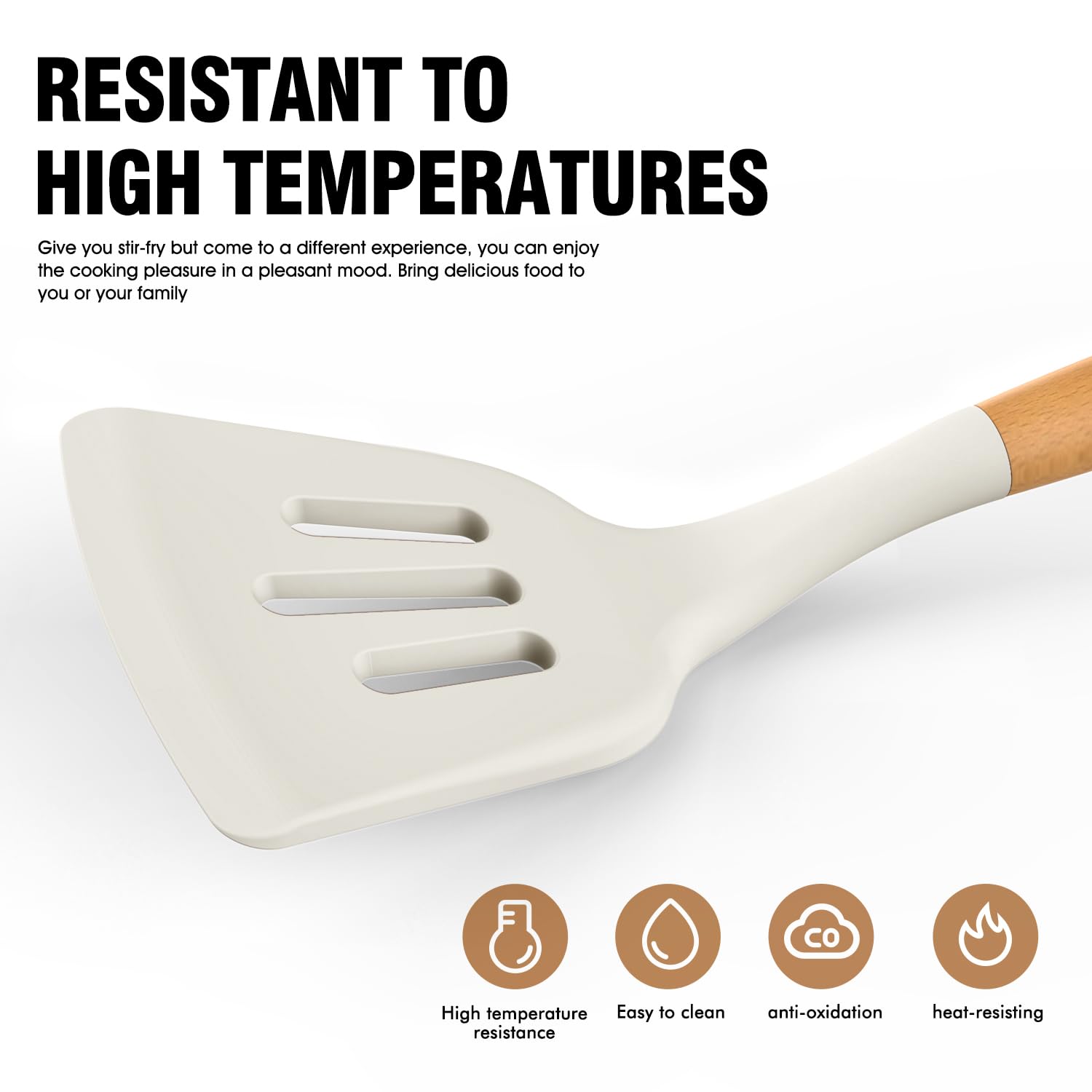 Premium Silicone Cooking Utensils Set - 5-Piece Heat Resistant Kitchen Tools with Wooden Handles (446°F Safe) - BPA Free Spatula, Turner & Spoon for Non-Stick Cookware - Cream White - Perfect for Baking, Frying & Everyday Cooking