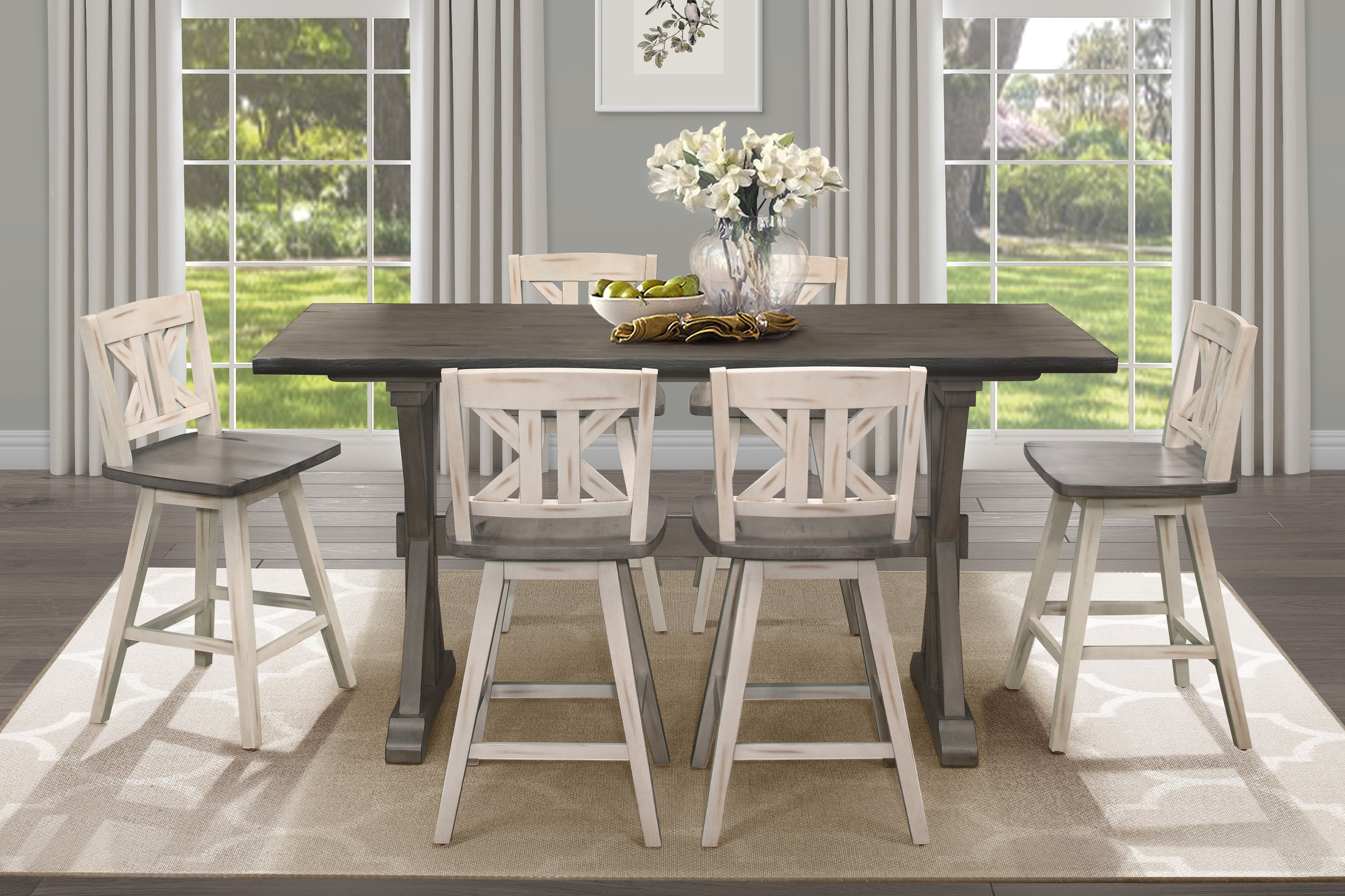 360 Degree Swivel Counter Height Chairs Set of 2 - White & Gray Solid Rubberwood Kitchen Bar Stools with Divided X Back - Perfect for Breakfast Nook, Kitchen Island & Small Dining Spaces