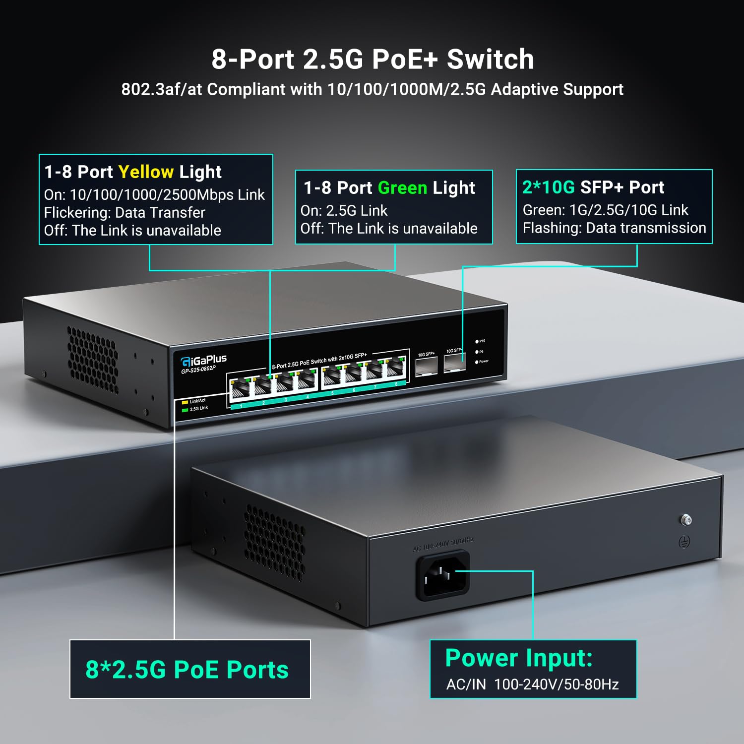10-Port 2.5Gb Unmanaged PoE Switch with 8x2.5G PoE+ Ports & 2x10G SFP+ Uplinks | 802.3af/at | 80Gbps Switching | Ideal for 2.5Gb NAS, Gaming PC, WiFi 6 Router & Wireless AP | Home Office & Small Business Network Solution