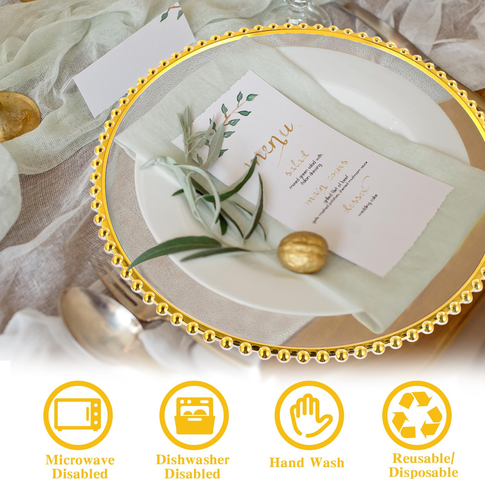 50 Pack Clear Acrylic Charger Plates - 13 Inch Round Plastic Dinner Plates with Beaded Edge & Frosted Grain for Weddings, Parties, Events - Elegant Gold Decorative Service Plates for Home, Kitchen & Tabletop Decor