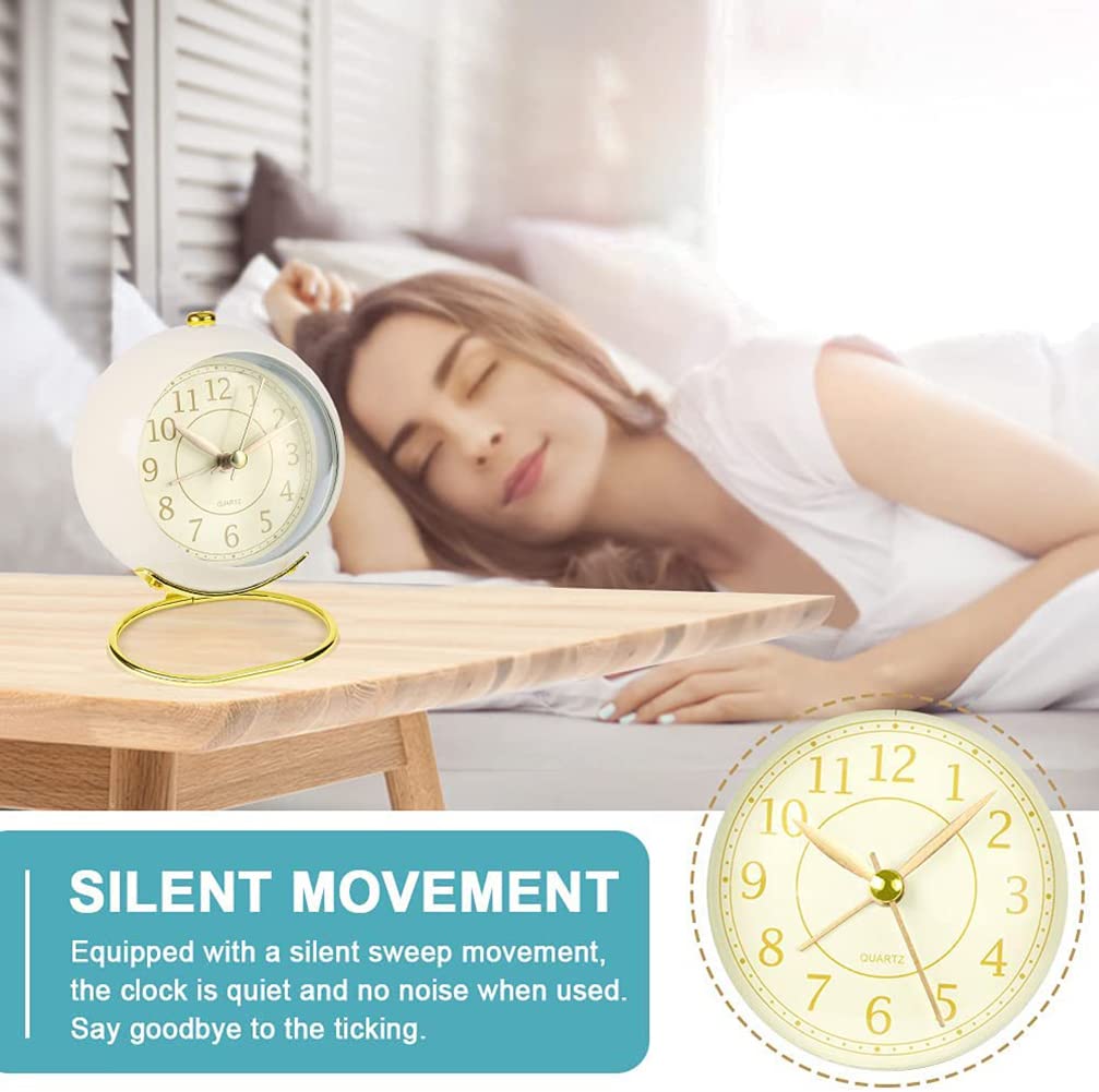 Classic Silent Non-Ticking Desk Clock with Backlight | Battery Operated Small Digital Alarm Clock | Gold Cute Tabletop Clock for Bedroom, Office, Living Room & Kitchen Decor | Perfect for Nightstands, Bookshelves & Workspaces (White)