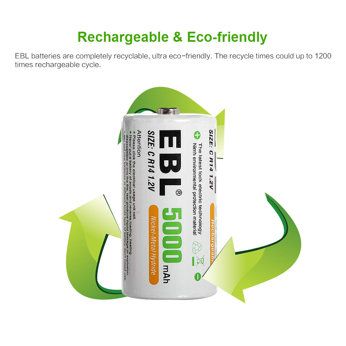 EBL 5000mAh Rechargeable C Batteries - 4 Pack with USB Charger | Long Lasting Power for Flashlights, Toys, Radios & Emergency Devices