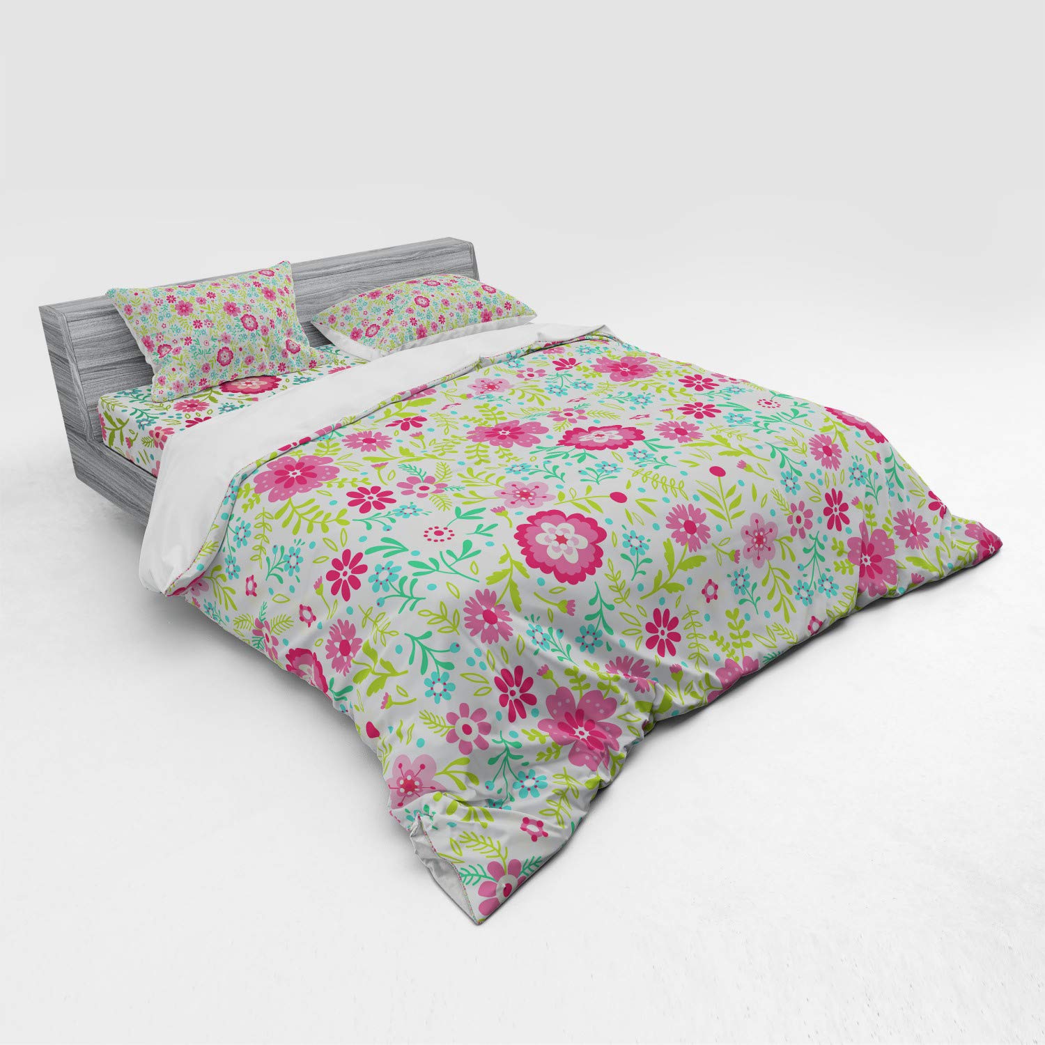 Ambesonne 4-Piece King Size Duvet Cover Set - Spring Floral Design with Fern Leaves and Flowers in Lime Green & Turquoise | Soft Bedding Set with Shams & Fitted Sheet for Cozy Bedroom Decor | Perfect for Guest Rooms, Master Bedrooms, and Spring Home Refresh