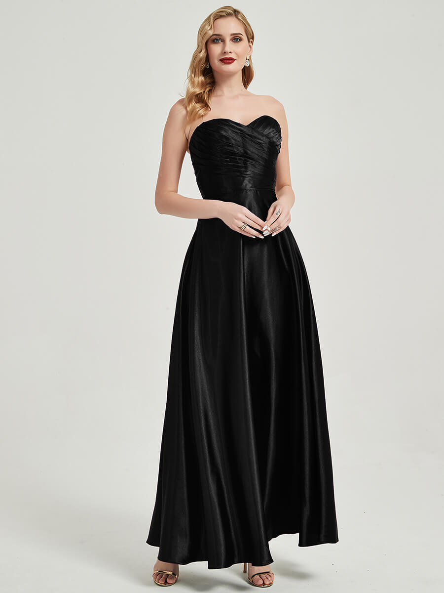 Elegant Black Satin Sweetheart Strapless Floor-Length Pleated Bridesmaid Dress - Perfect for Weddings, Formal Events & Evening Parties