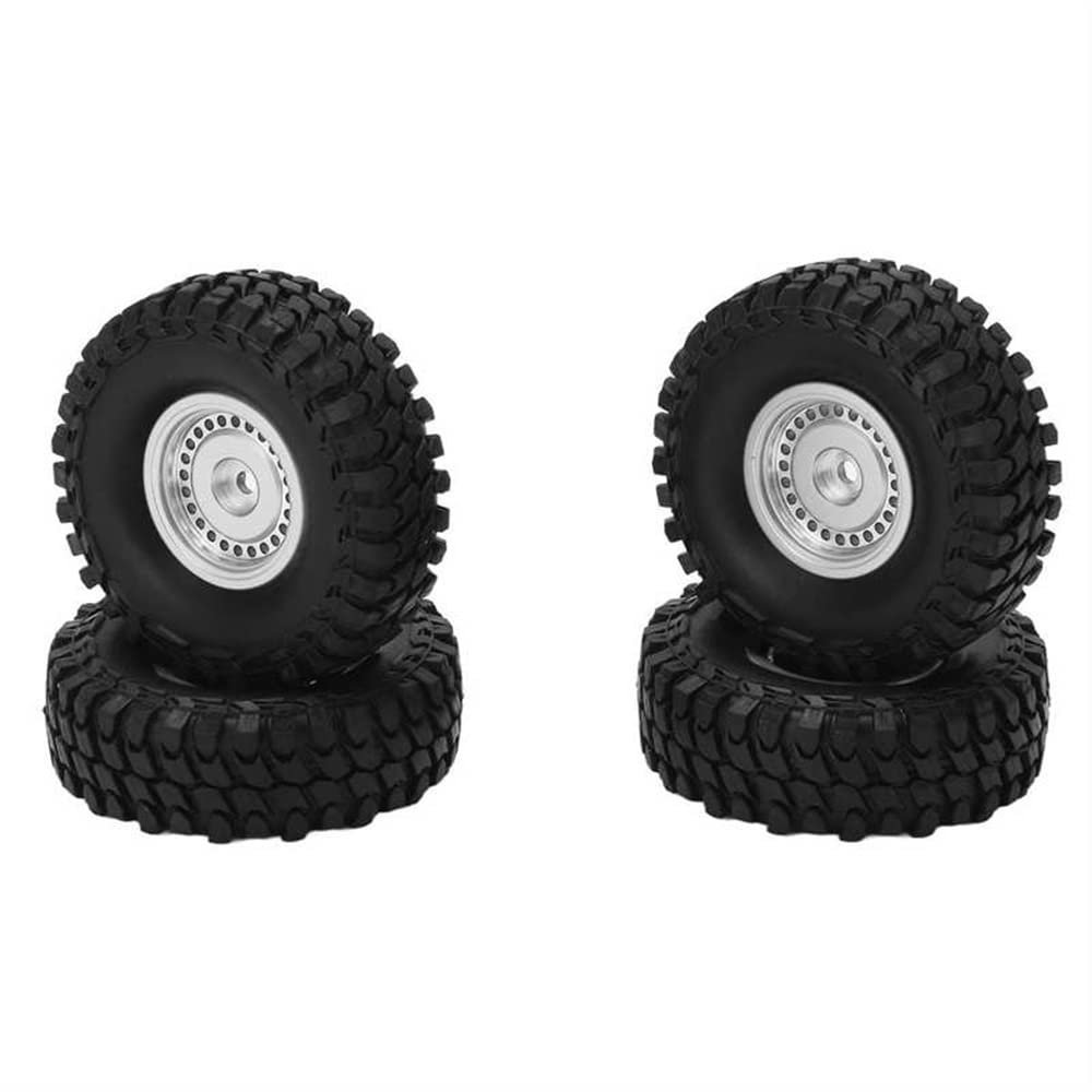 LYunce 1/24 RC Car Tires and Wheels Set - 55mm Heavy Duty Rubber Tires with Strong Cushioning & Wear Resistance - Silver Color - Perfect for Off-Road Racing, Crawling & RC Car Upgrades