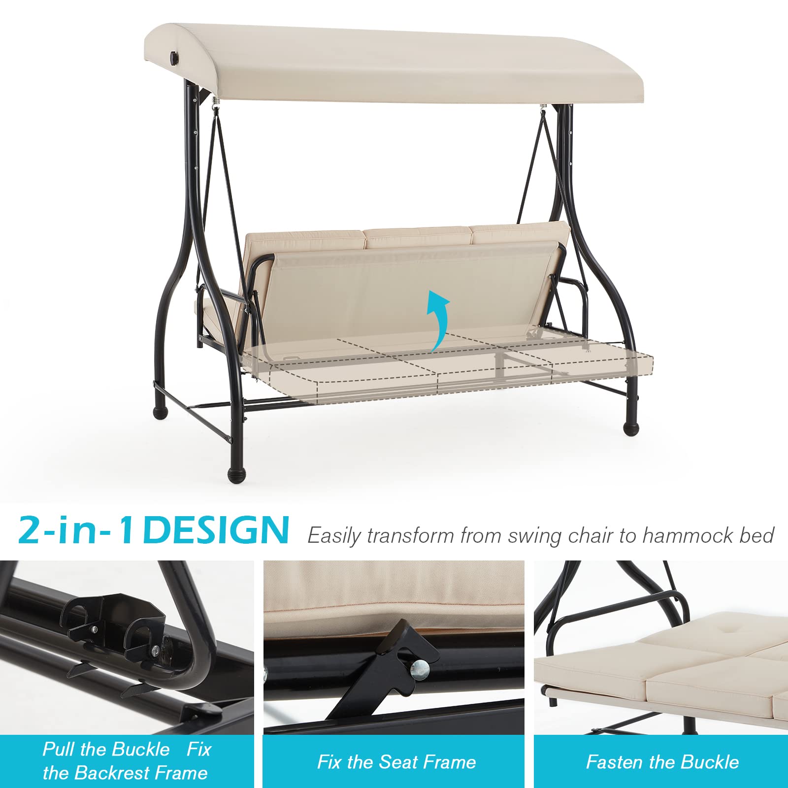 AECOJOY 3-Seat Porch Swing Chair with Adjustable Canopy & Stand - Outdoor Patio Swing Bed with Removable Beige Cushions - Perfect for Backyard, Garden, and Deck Relaxation