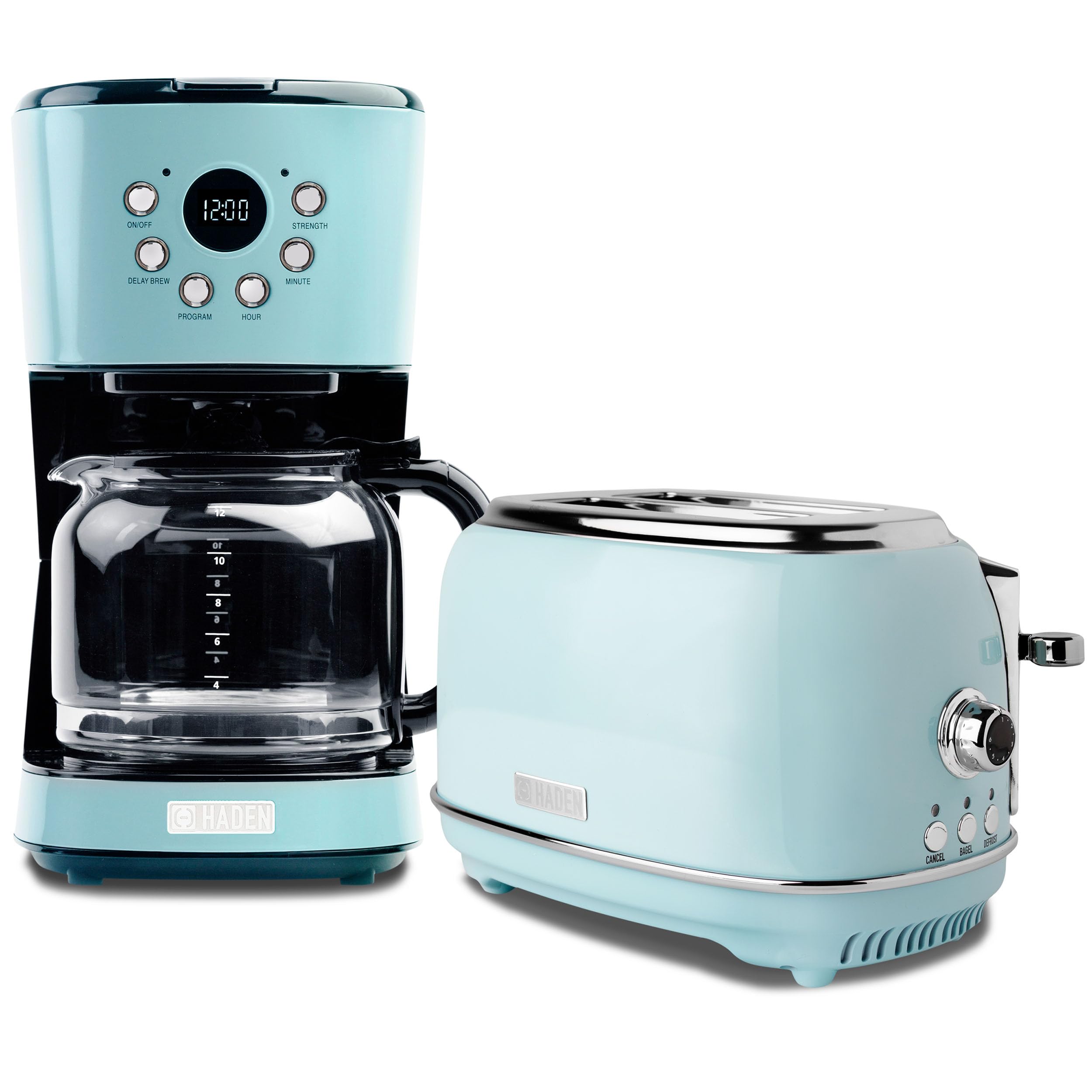 HADEN Heritage 12-Cup Programmable Vintage Coffee Maker & 2-Slice Stainless Steel Toaster Set - Retro Kitchen Appliances for Home, Office, or Cafe - Turquoise