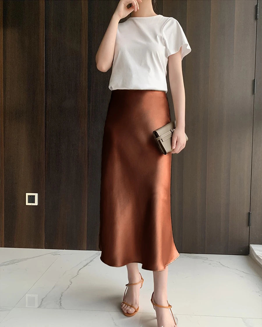 Elegant Silk Midi Skirts for Women - Stretchy Elastic Waistband, Flowy A-Line Design - Perfect for Office Wear, Date Nights & Special Occasions