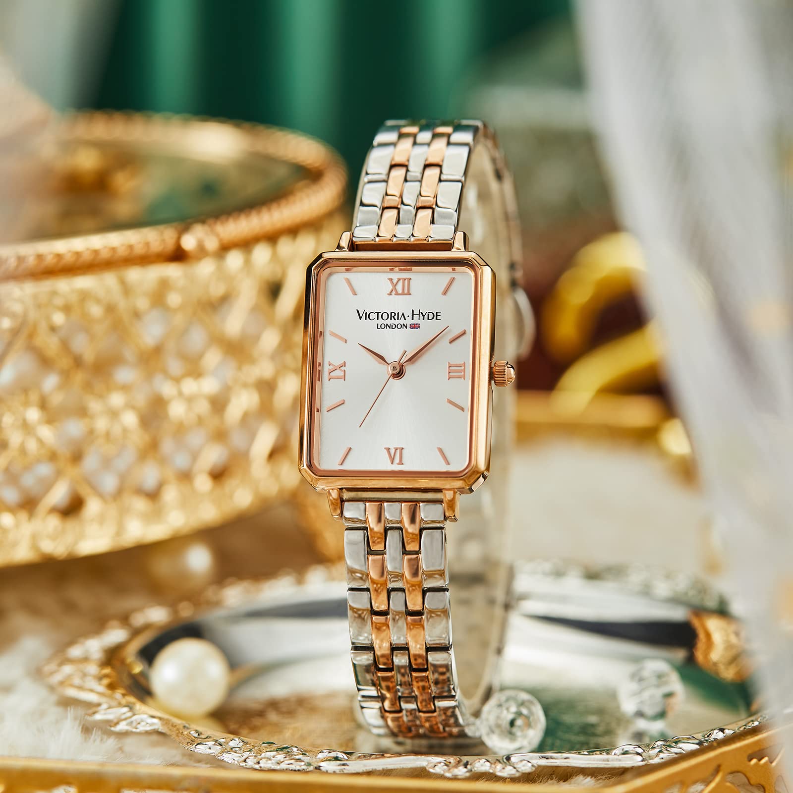 VICTORIA HYDE Women's Rectangular Watch - Silver & Rose Gold Two-Tone Stainless Steel Band, Classic Elegant Dress Watch for Women | Perfect for Office, Party & Everyday Wear