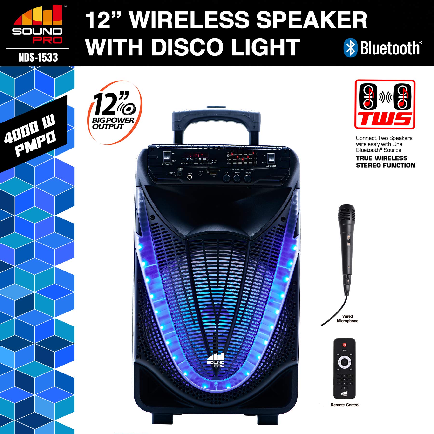 Naxa Electronics NDS-1233 12-Inch Bluetooth Portable Party Speaker with Disco Lights - Perfect for Outdoor Gatherings, Beach Parties & Home Entertainment