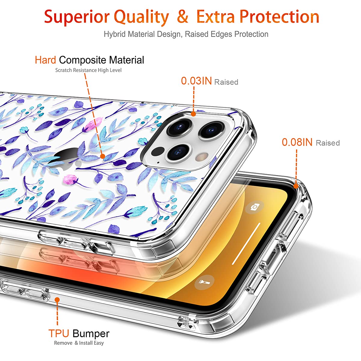 GiiKa Clear Shockproof iPhone 12 Pro Max Case with Screen Protector | Full Body Protection Hard Case with TPU Bumper | Floral Design for Women & Girls | Perfect for Everyday Use, Travel & Outdoor Activities