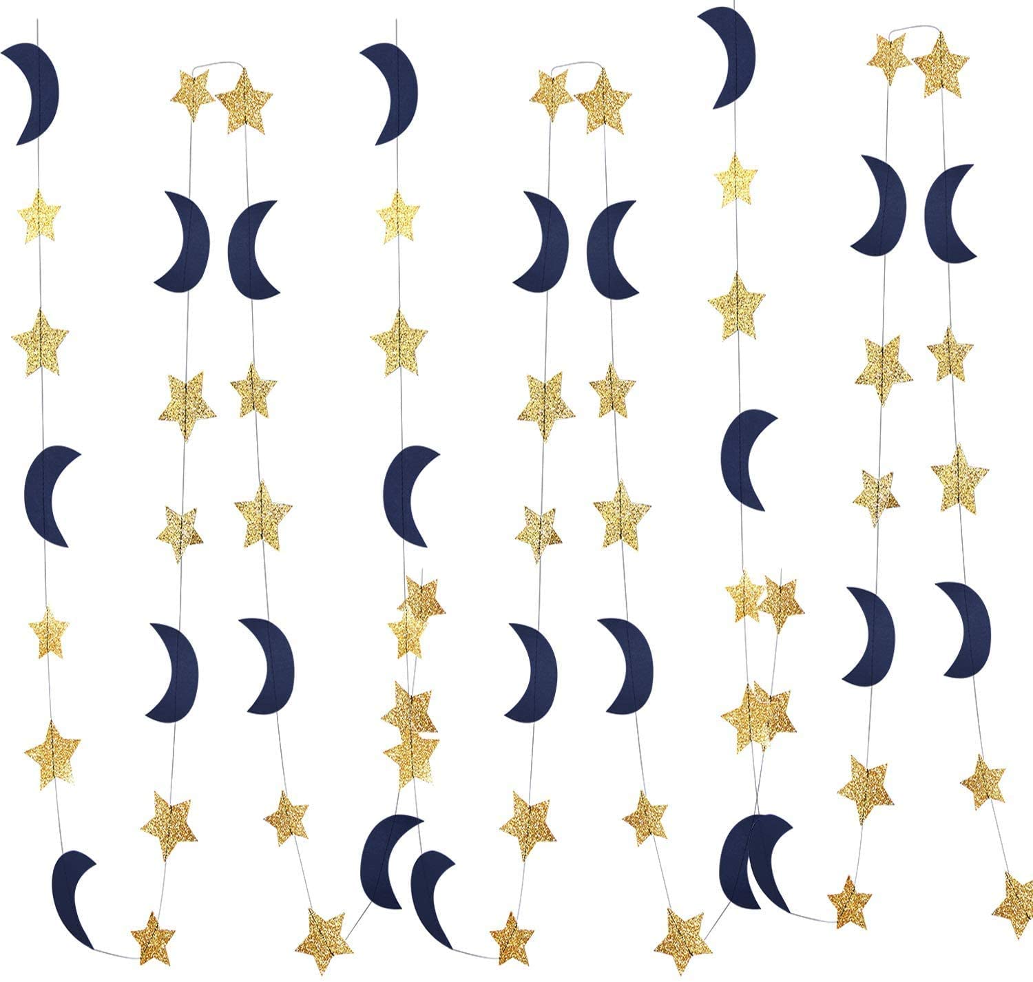 Moon and Star Garland Decorations - Navy Gold Glitter Outer Space Themed Party Decor for Weddings, Baby Showers & Birthdays | Perfect for Ceiling, Wall & Backdrop Decorations