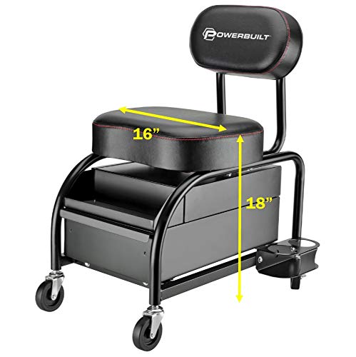 Powerbuilt Professional Car Detailers Mechanics Roller Seat - Heavy Duty Garage Stool with Padded Seat & Backrest, 2 Sliding Storage Drawers, Tool Tray & Cup Holders - 3