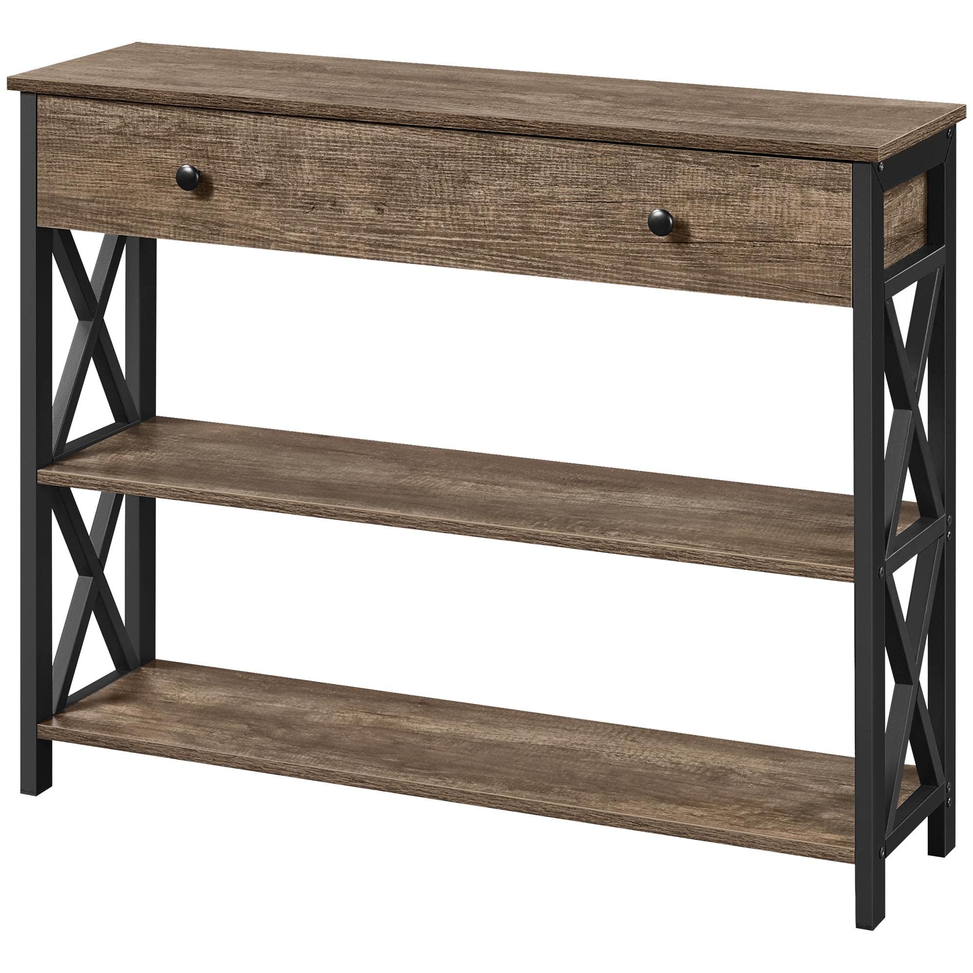 Topeakmart 3-Tier Industrial Console Table with Storage Drawer - Sturdy X-Design Sofa Table for Entryway, Hallway & Living Room - Taupe Wood Finish - Perfect for Small Spaces, Home Decor & Organization