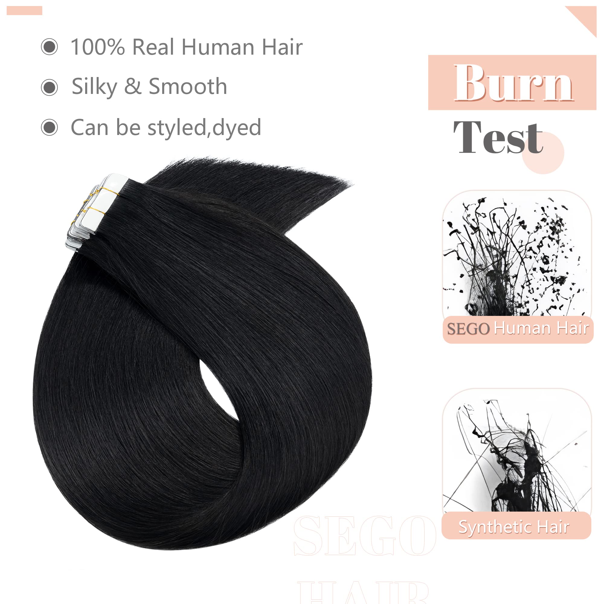SEGO Tape In Human Hair Extensions 20pcs Jet Black 20