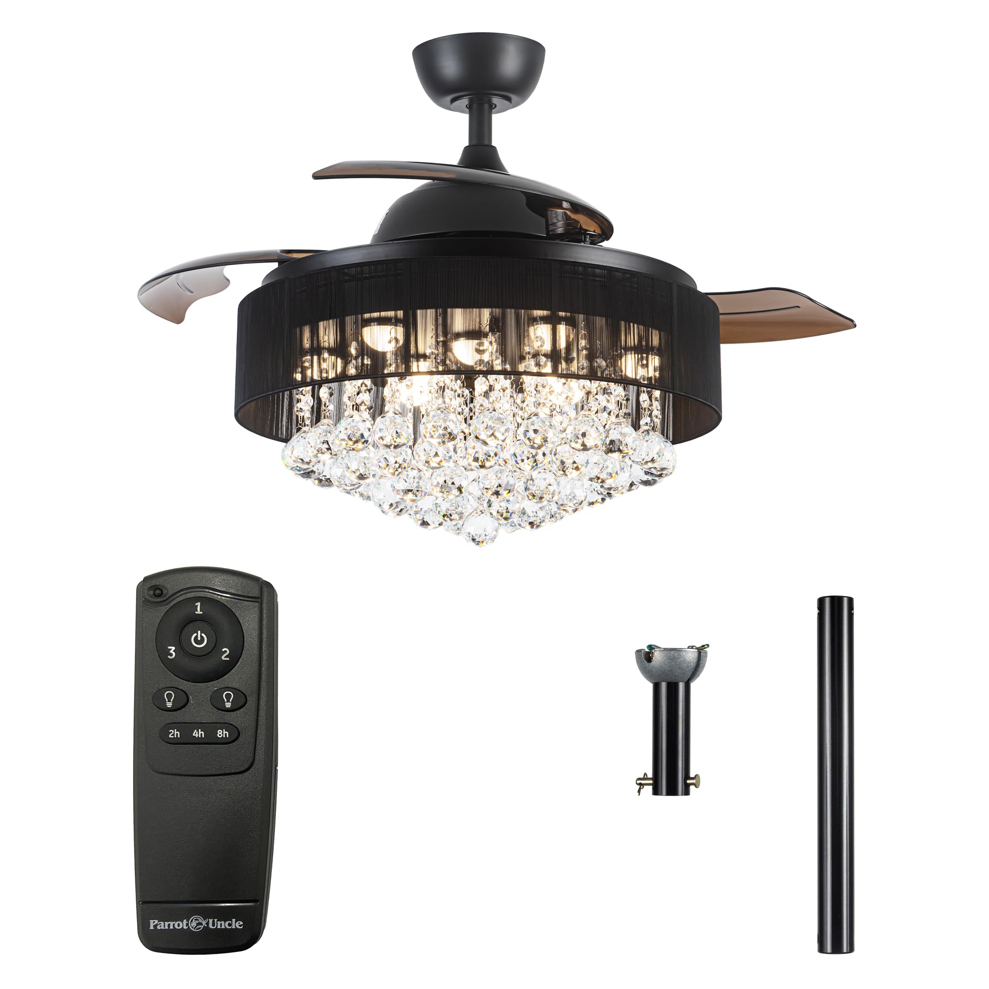 Parrot Uncle 42 Inch Black Ceiling Fan with Lights & Remote Control - Retractable Blade Crystal Chandelier Fan for Bedroom (3000K Cool White) | Perfect for Home, Living Room & Office Cooling & Lighting