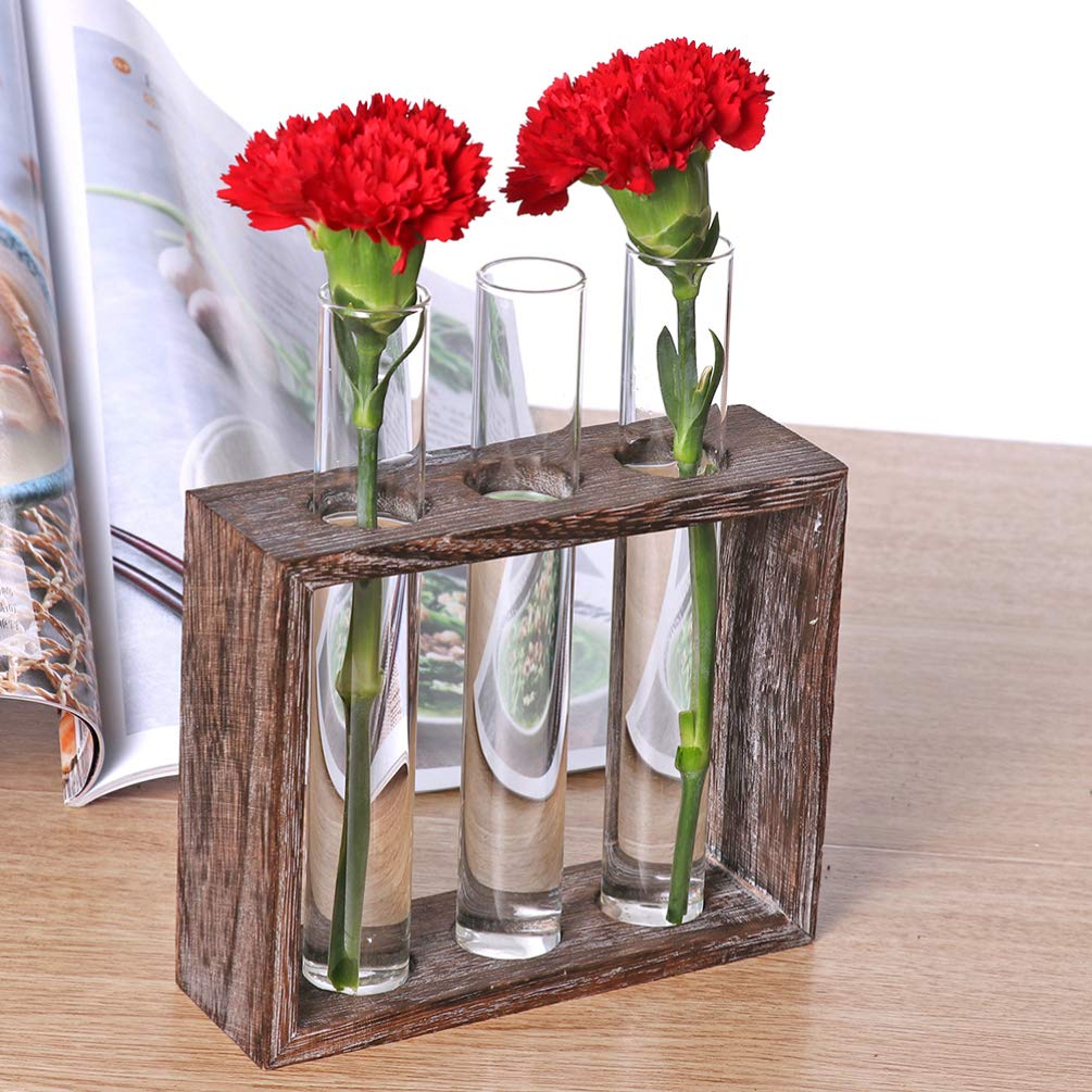 DOITOOL 1PC Hydroponic Glass Tube Vase with Wood Frame - 5 Crystal Glass Test Tube Flower Pots for Home, Office, Wedding & Party Decorations - Perfect for Succulents, Air Plants & Floral Arrangements