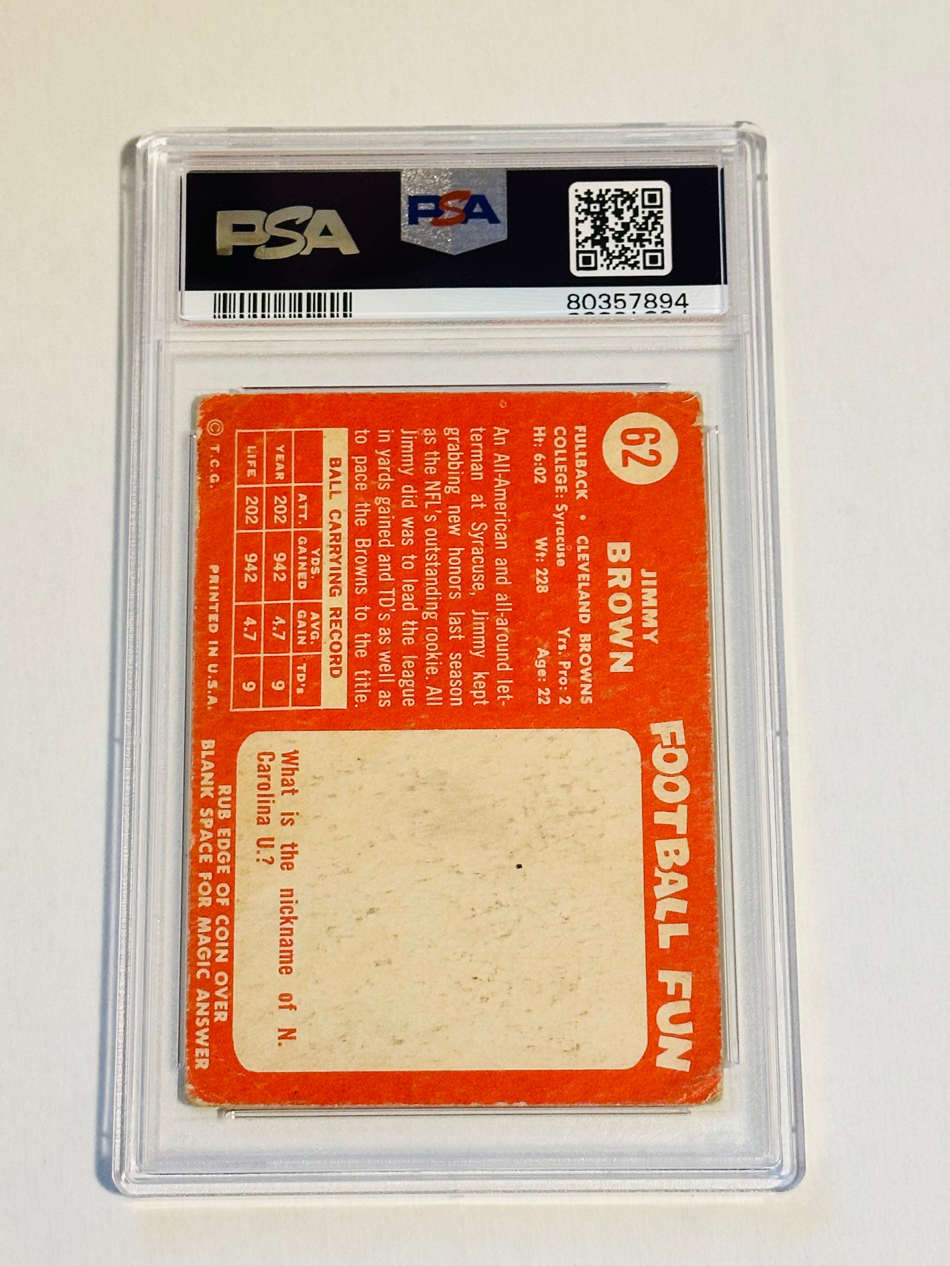 Jim Brown 1958 PSA 1 Graded Rookie Card - Rare NFL Football Legend Collectible for Sports Memorabilia & Investment Collections