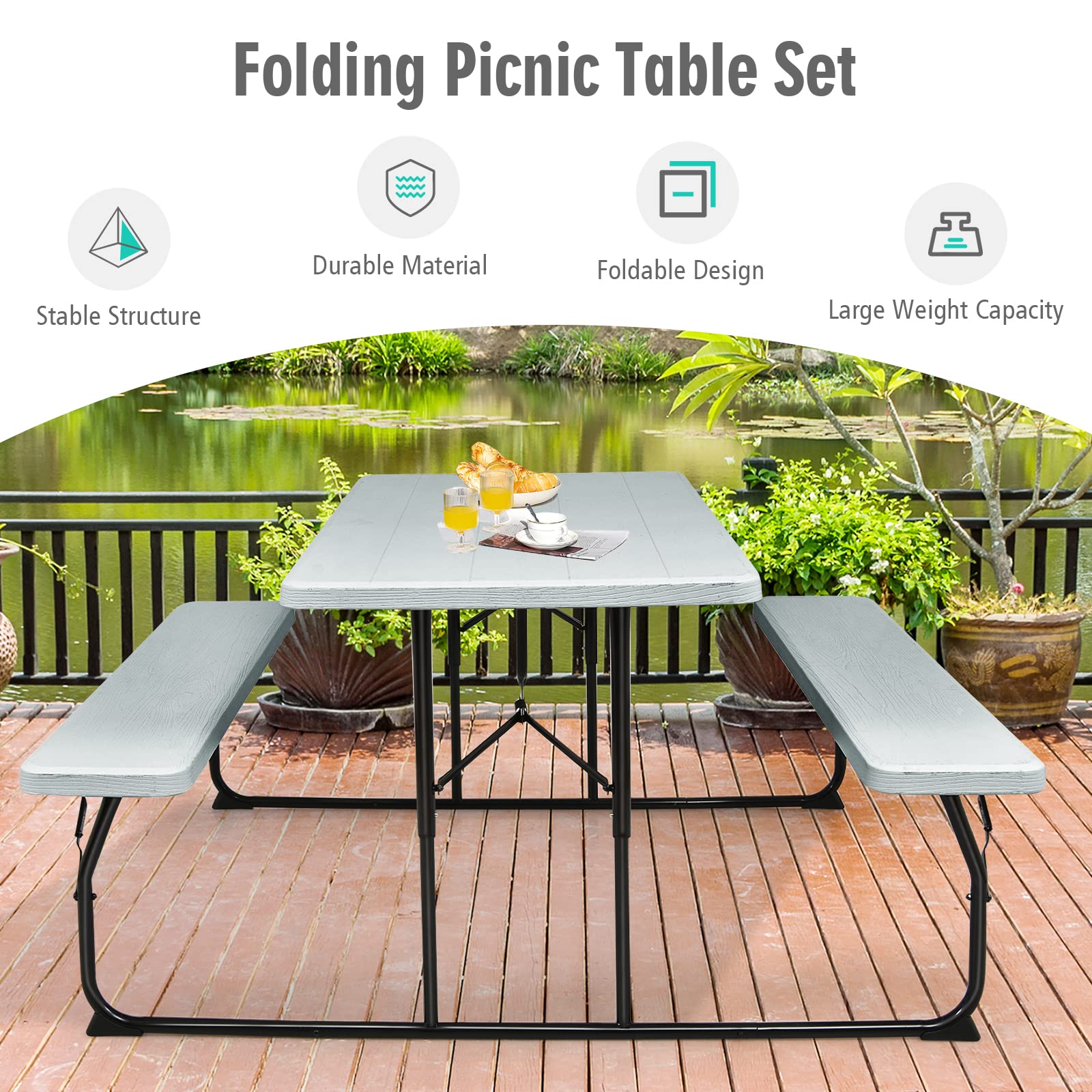Gymax 550 LBS Capacity Folding Picnic Table with Benches - Portable Outdoor Picnic Table Set, Weather-Resistant Wood-Like Design for Backyard, Patio, Deck, Camping, BBQ Parties & Family Gatherings (Grey)