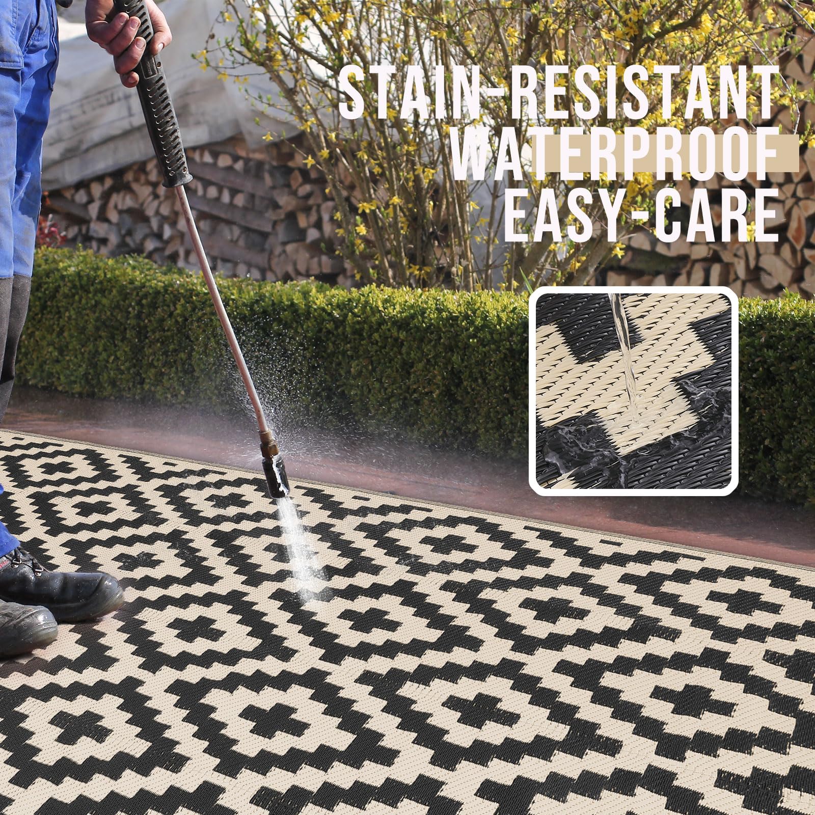 OLANLY 10x14 ft Waterproof Outdoor Rug - Durable Plastic Straw Mat for Camping, RV, Porch, Deck, Backyard, Balcony & Picnic - All-Weather Black & Beige Patio Carpet for Outdoor Entertaining & Relaxation