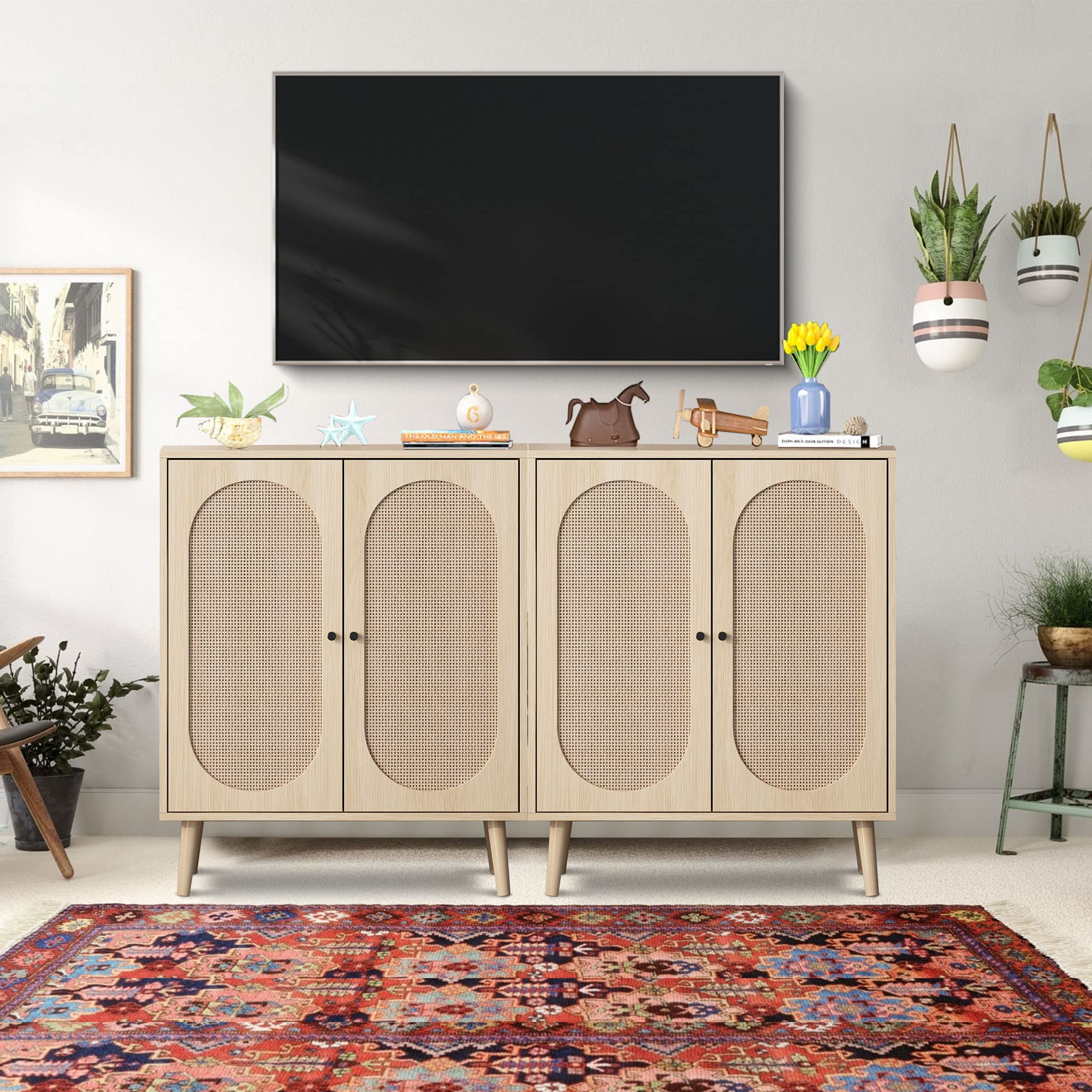 Rattan Sideboard Buffet Cabinet with 4 Doors - Adjustable Shelves Kitchen Storage Cabinet for Dining Room, Living Room & Hallway - Natural Finish (2 Sets) | Perfect for Home Decor, Kitchen Organization & Stylish Storage Solutions