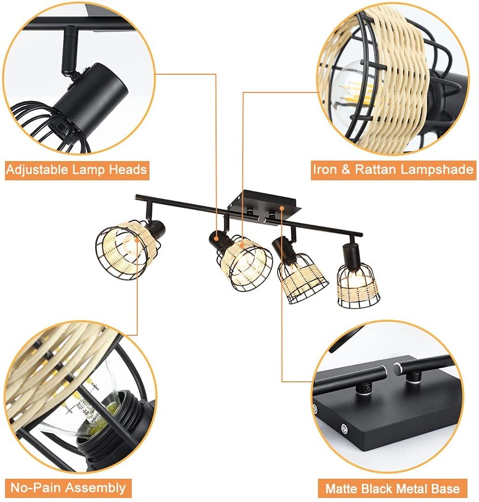 Depuley 4-Head Modern Track Lighting Kit - Vintage Rattan & Bamboo Wall/Ceiling Spotlight with Woven Cage - Farmhouse Style Lighting for Kitchen, Dining Room, Office, Restaurant, Cafe and Bedroom