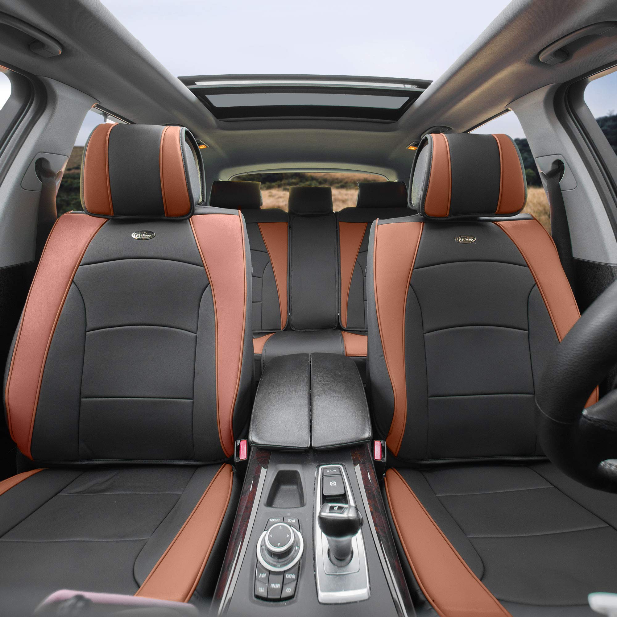TLH Ultra Comfort Leatherette Brown Car Seat Cushions Set with Non-Slip Dash Mat - Universal Fit for Cars, Trucks & SUVs - Waterproof Faux Leather Seat Covers for Driving Comfort & Back Support - Perfect for Road Trips, Commuting & Long Drives