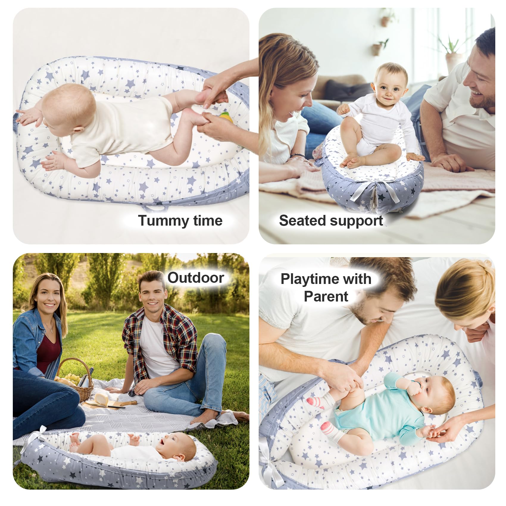 Premium Baby Lounger - Adjustable & Portable Infant Snuggle Lounger with Classic Star Design - Perfect for Newborns, Napping, Playtime & Baby Shower Gifts