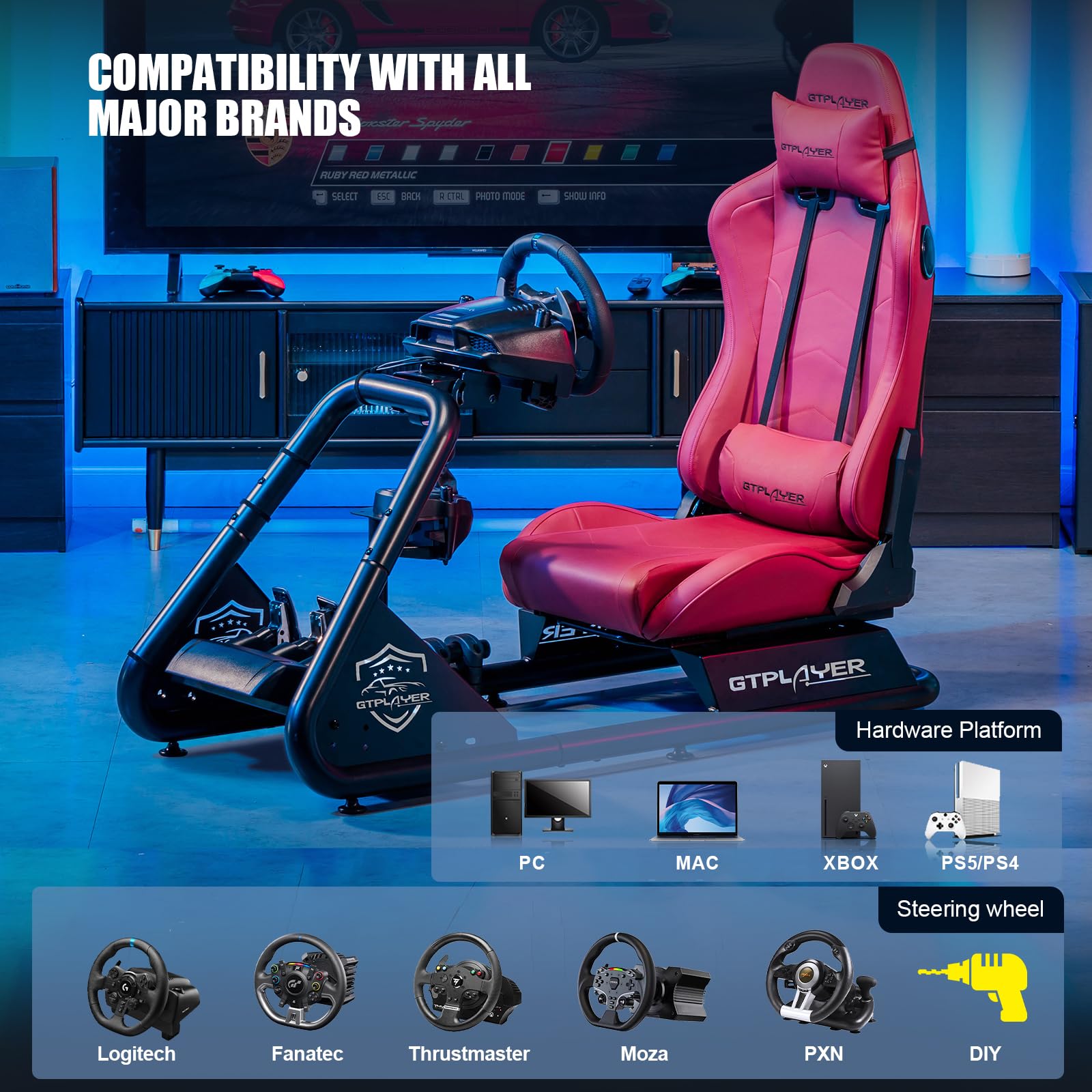 GTPLAYER Racing Simulator Cockpit with Adjustable Seat & Bluetooth Speakers - Ultra-Sturdy Alloy Steel Frame Racing Chair for PC/PS4/Xbox Gaming (Wine Red) | Perfect for Home Gaming Setup, Esports Training & Racing Simulation Enthusiasts