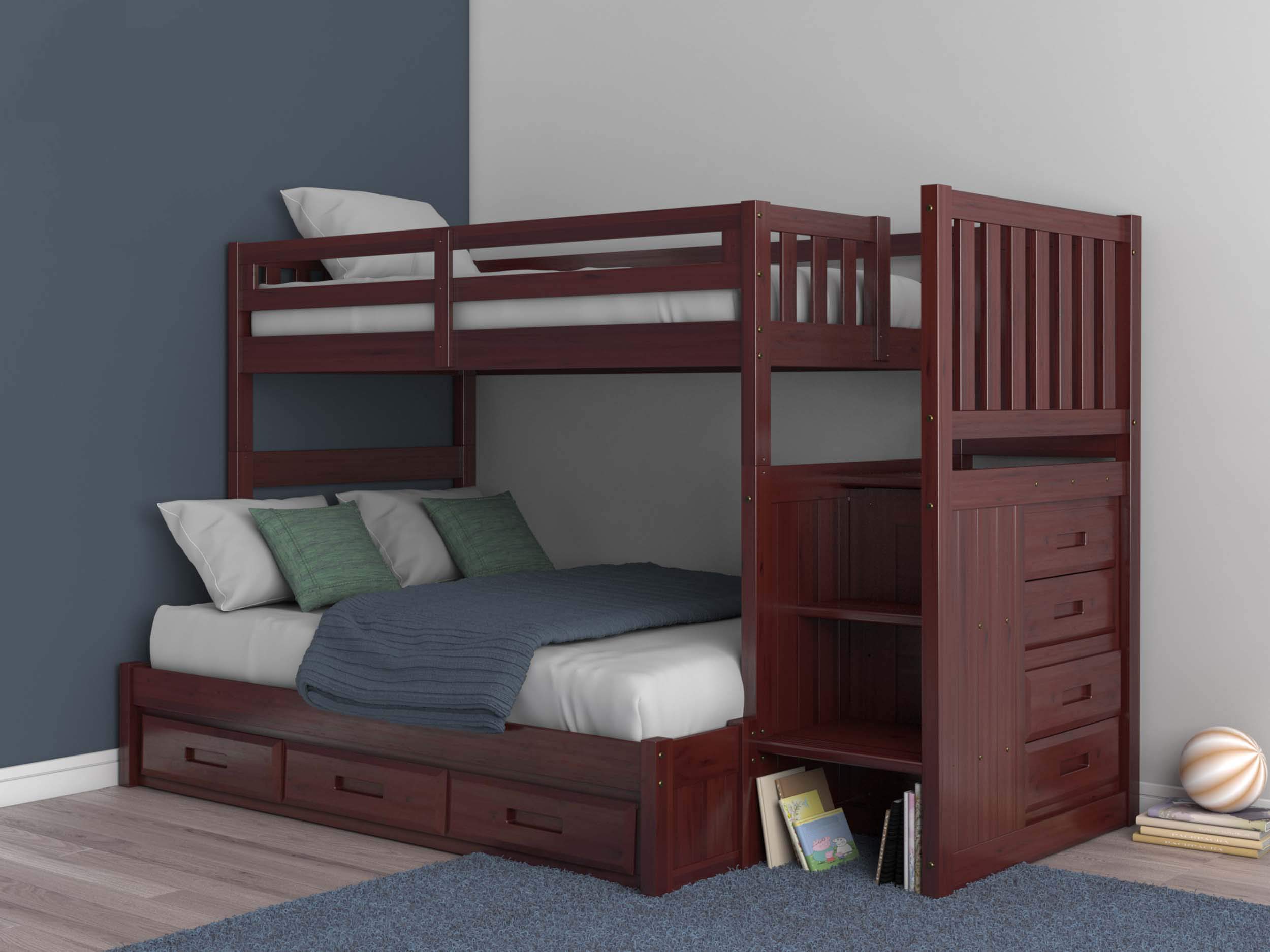 Discovery World Furniture Mission Twin Over Full Staircase Bunk Bed with 3 Drawers, Desk, Hutch & Chair - Space-Saving Kids Bedroom Furniture in Merlot Finish - Perfect for Shared Rooms, Sleepovers & Small Spaces